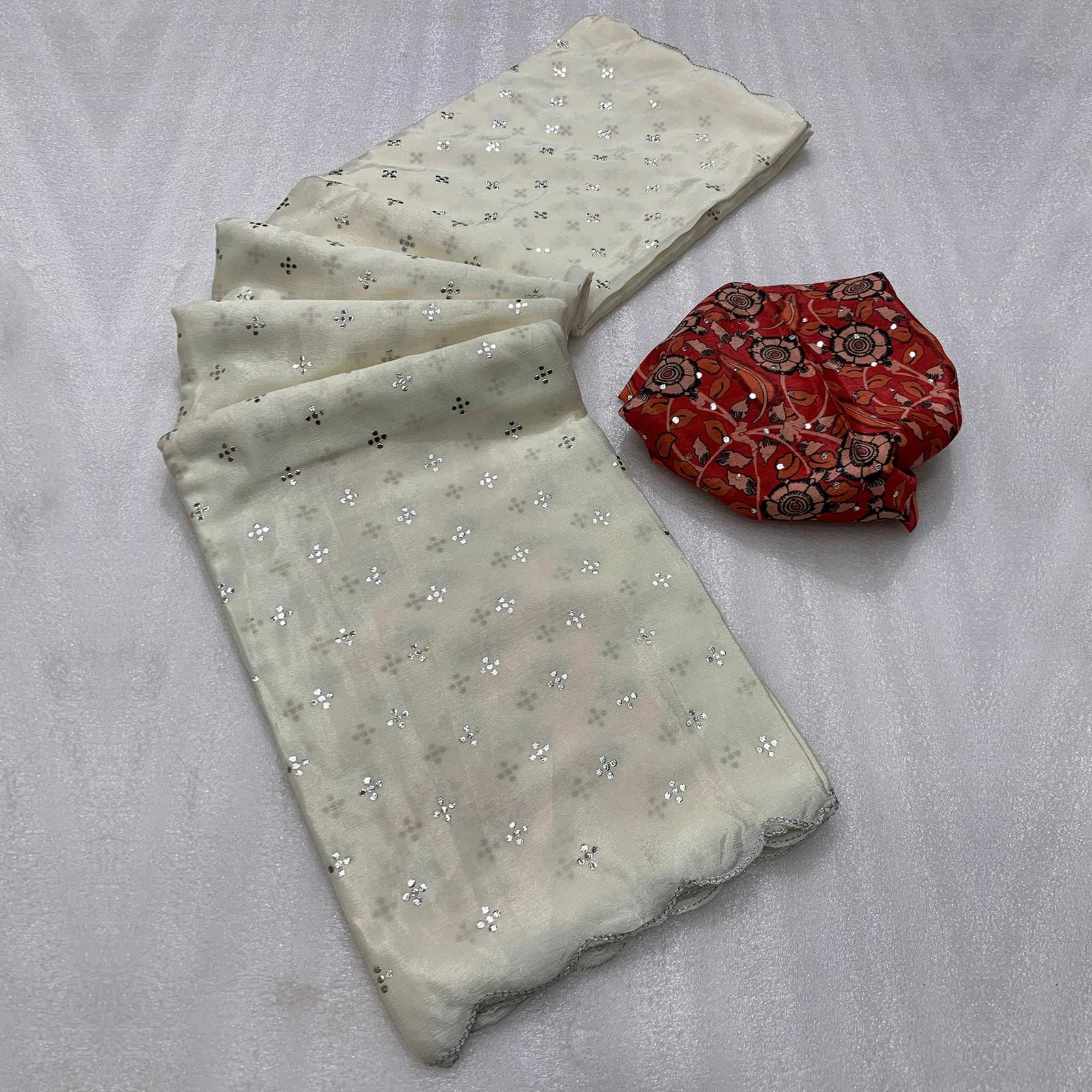 Offwhite Mukaish Work Chinon Saree