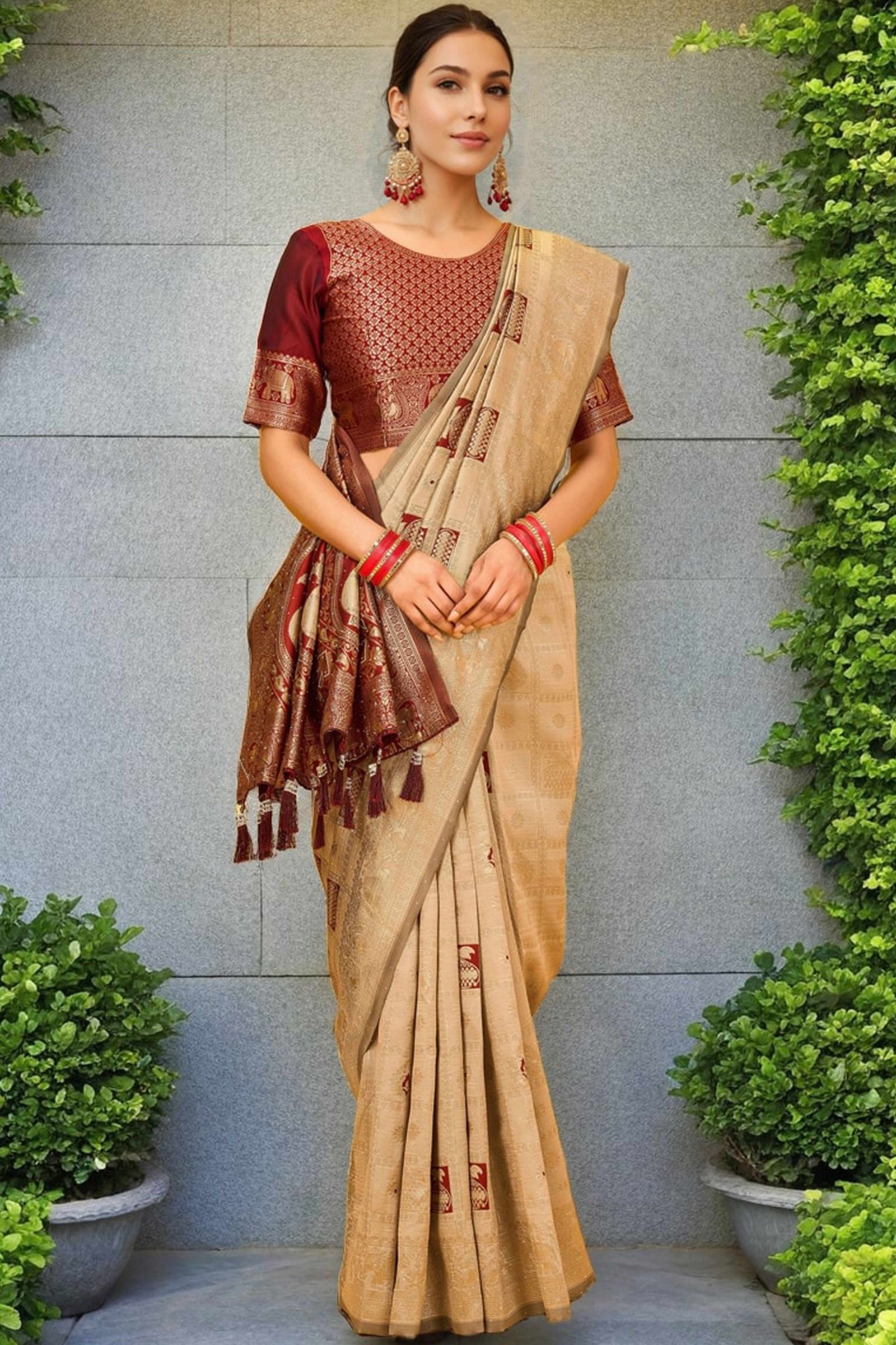 Chikoo Floral Weaving Paithani Saree In Soft Silk Accented With A Stylish Tassel Border Pallu