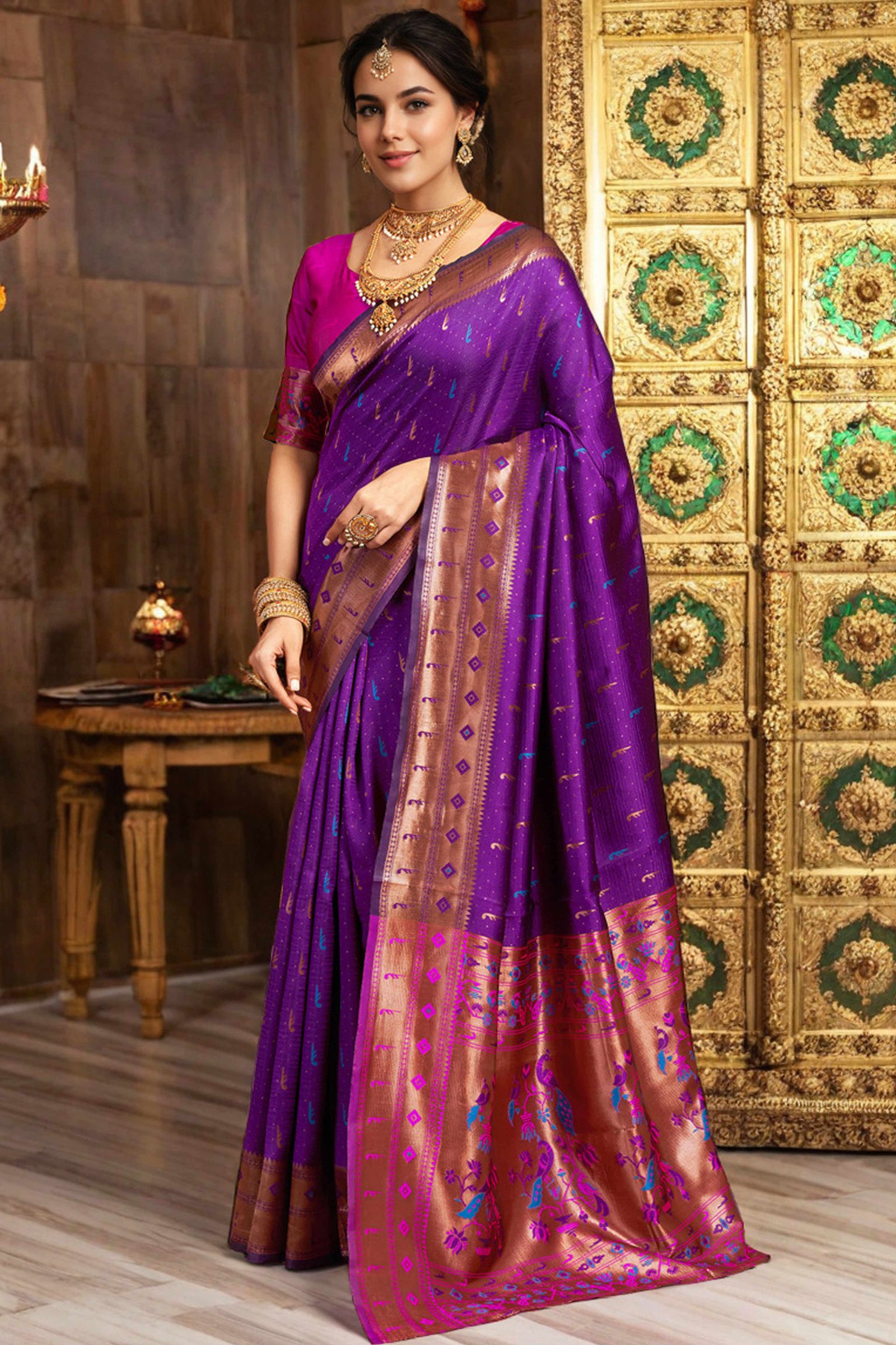 Purple Silk Blend Paithani Saree Adorned With Zari Weaving & Peacock Motif Pallu