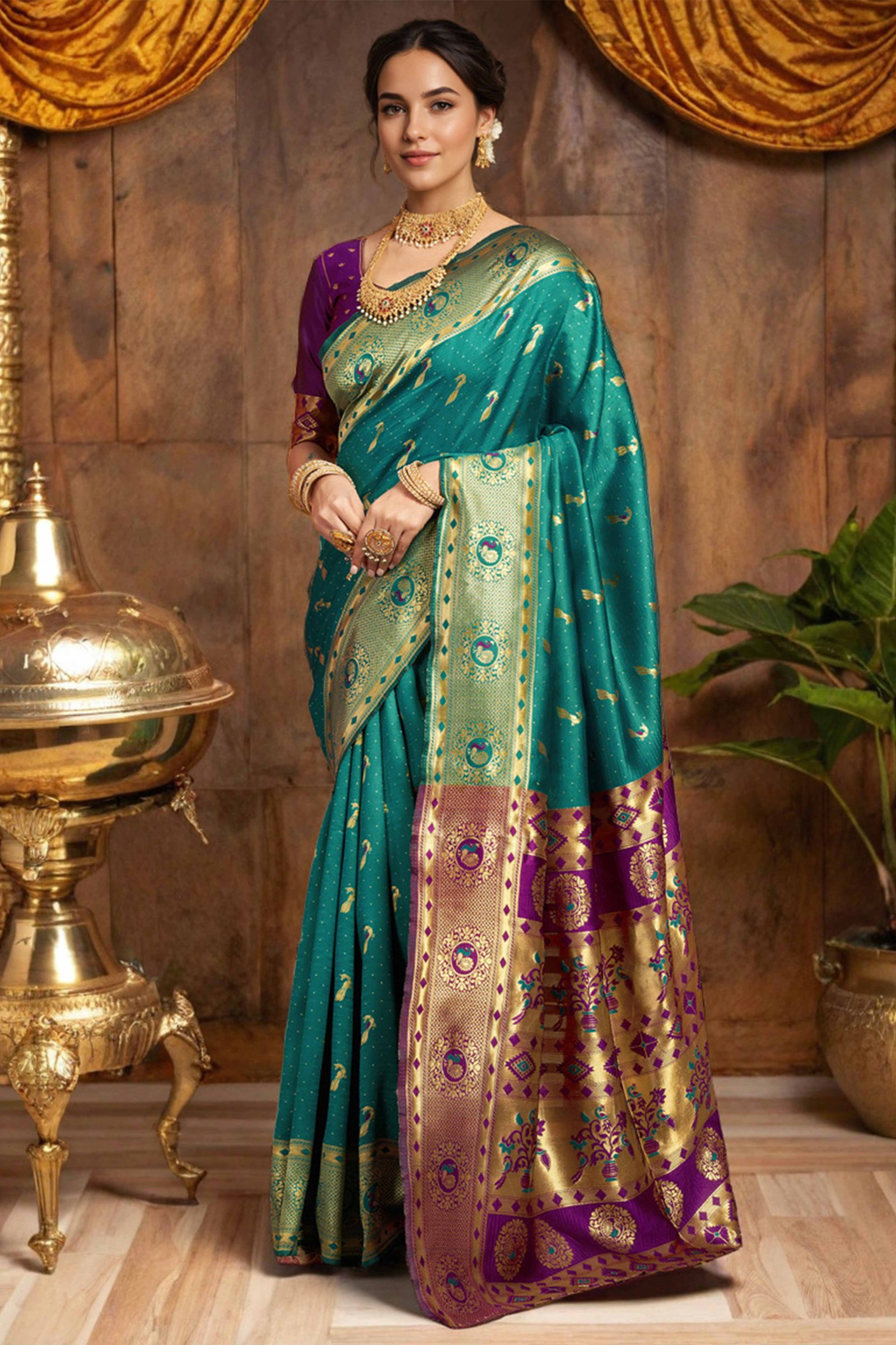 Rama Green Paithani Silk Blend Saree Featuring Intricate Zari Peacock & Floral Weaving