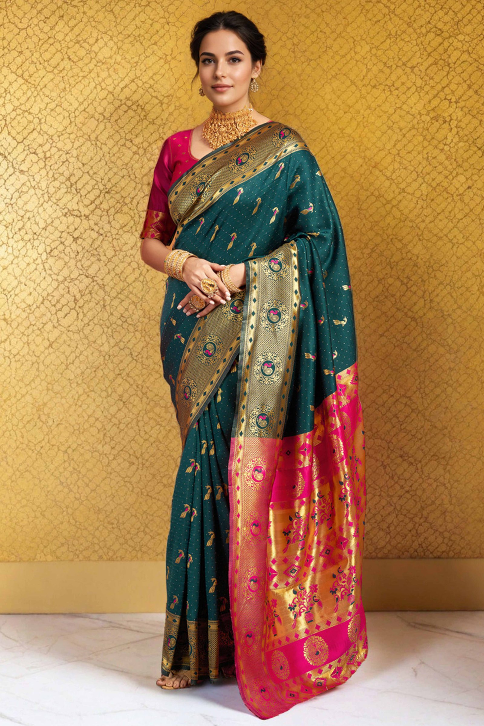 Teal Paithani Silk Blend Saree Featuring Intricate Zari Peacock & Floral Weaving