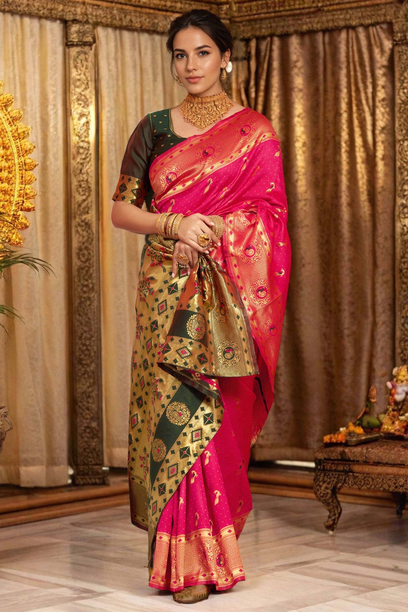 Pink Paithani Silk Blend Saree Featuring Intricate Zari Peacock & Floral Weaving