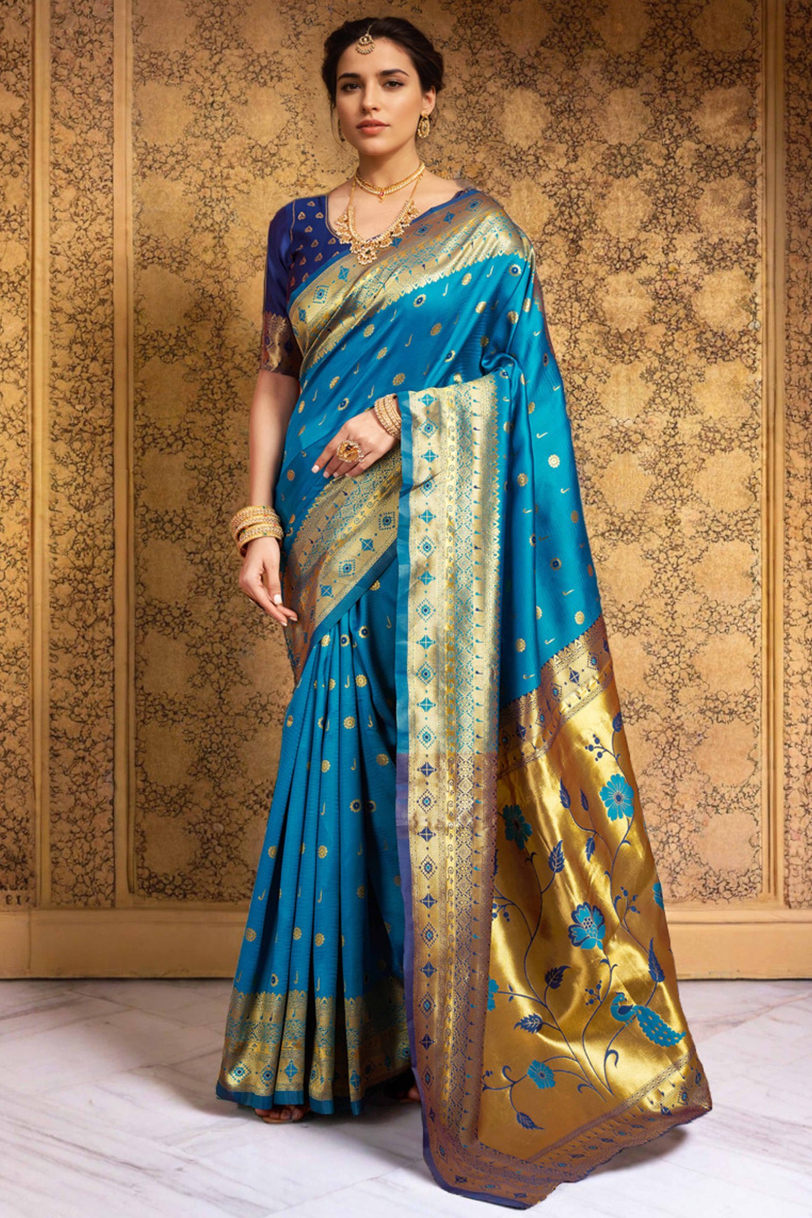 Blue Silk Blend Saree With Traditional Paithani Zari Weaving Of Peacock & Floral Designs