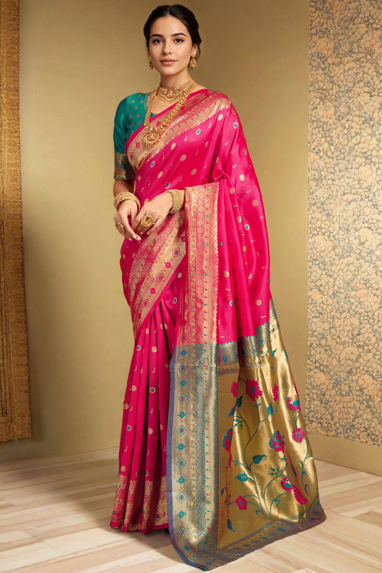 Pink Silk Blend Saree With Traditional Paithani Zari Weaving Of Peacock & Floral Designs