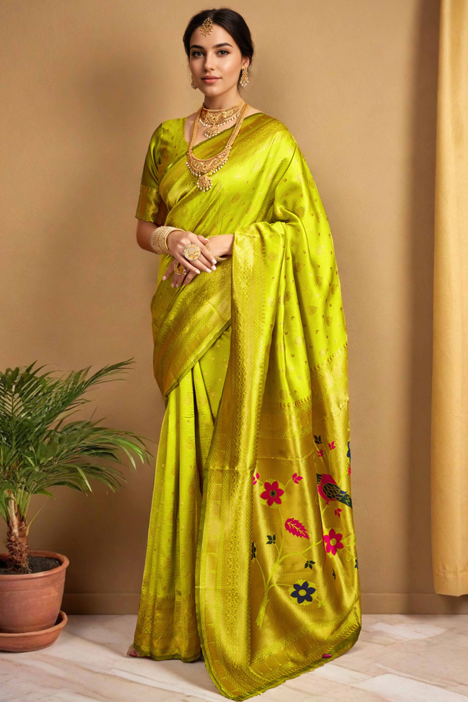 Lime Green Silk Blend Paithani Saree Showcasing Rich Zari Weaving With Birds & Floral Accents
