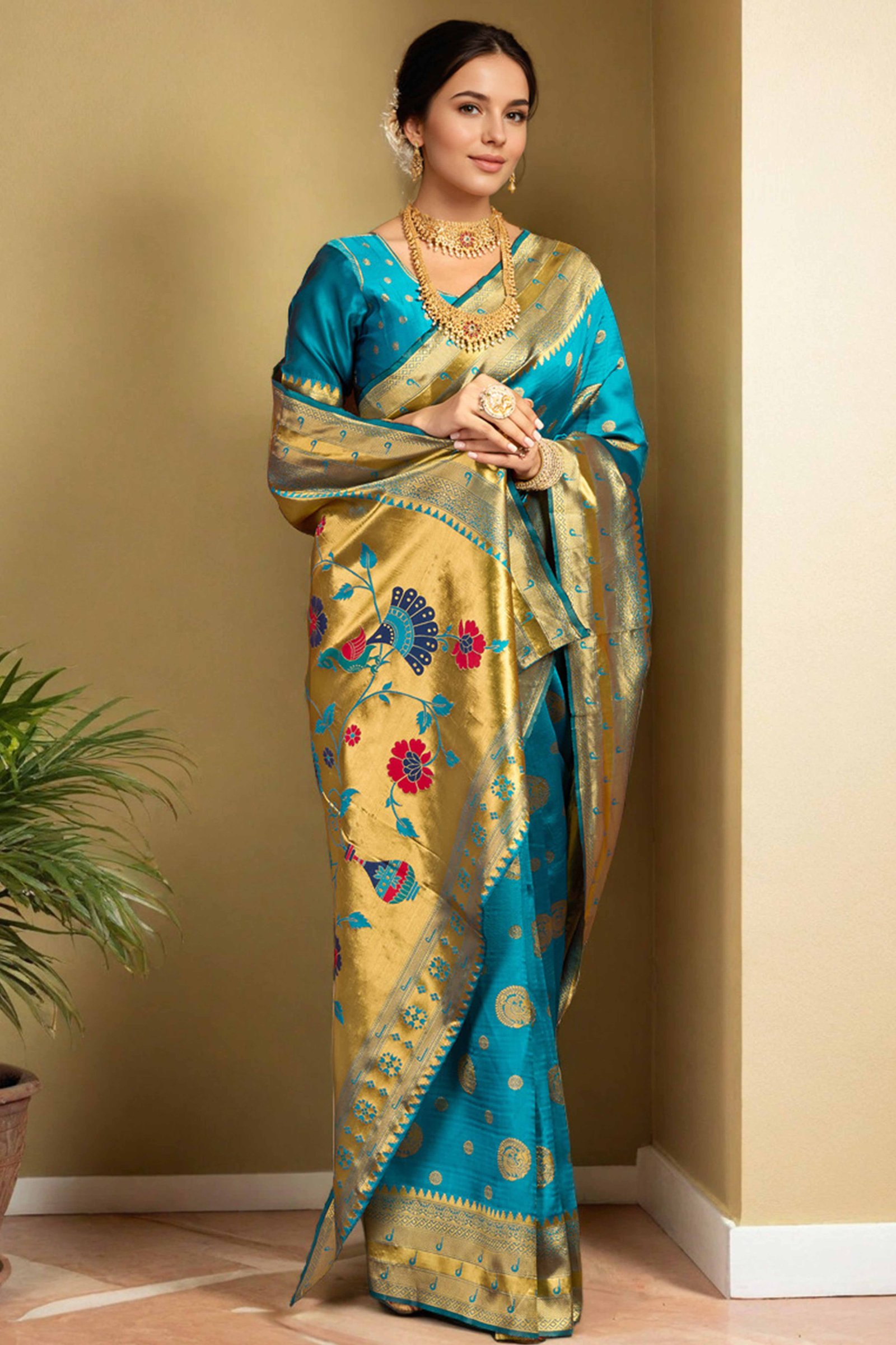 Blue Paithani Silk Blend Saree Embellished With Zari Peacock & Floral Woven Patterns