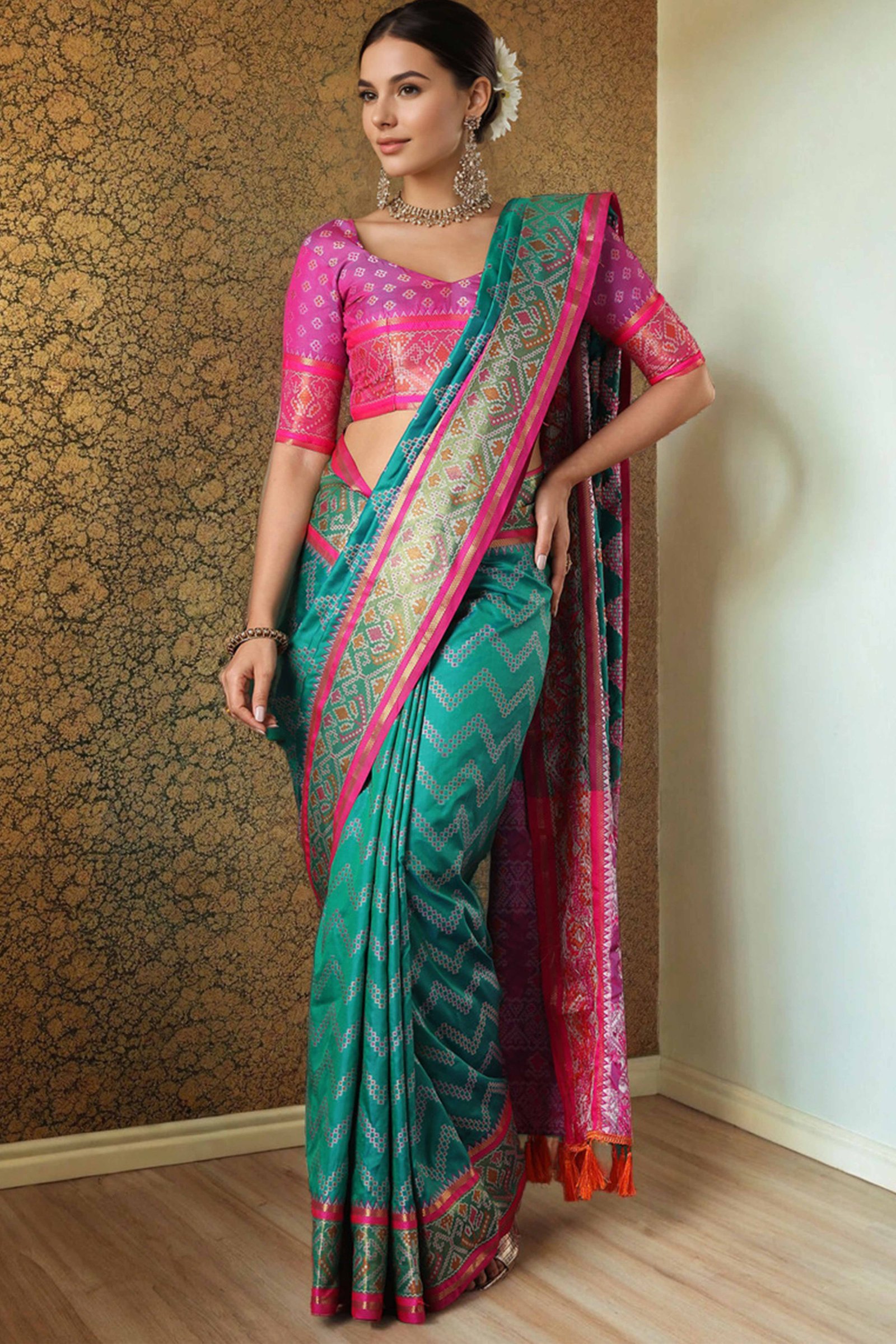 Rama Blue Silk Blend Saree With Traditional Zig Zag Patola Weaving & Tassel Pallu