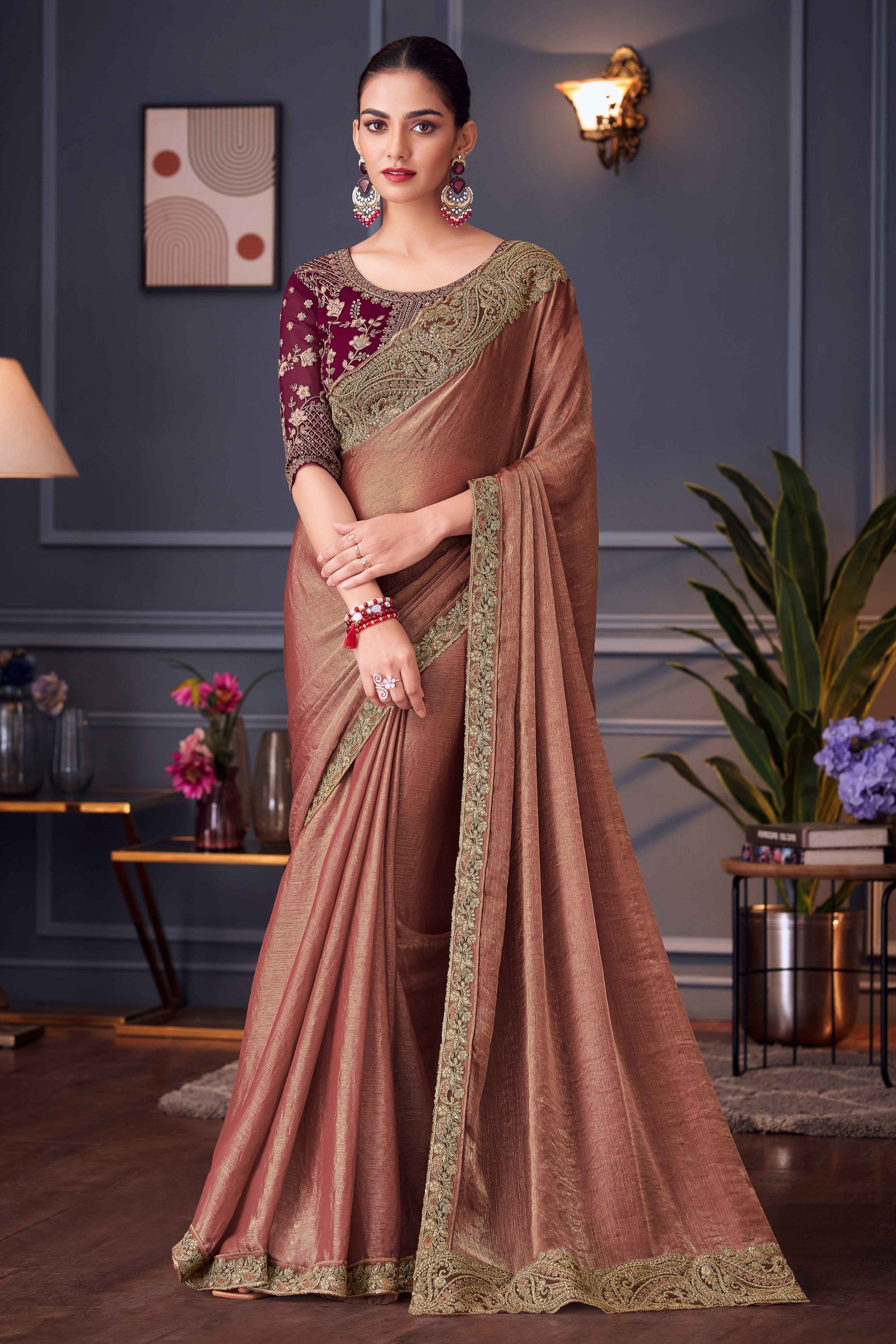 Rust Partywear Chiffon Saree with Ornate Border Detailing
