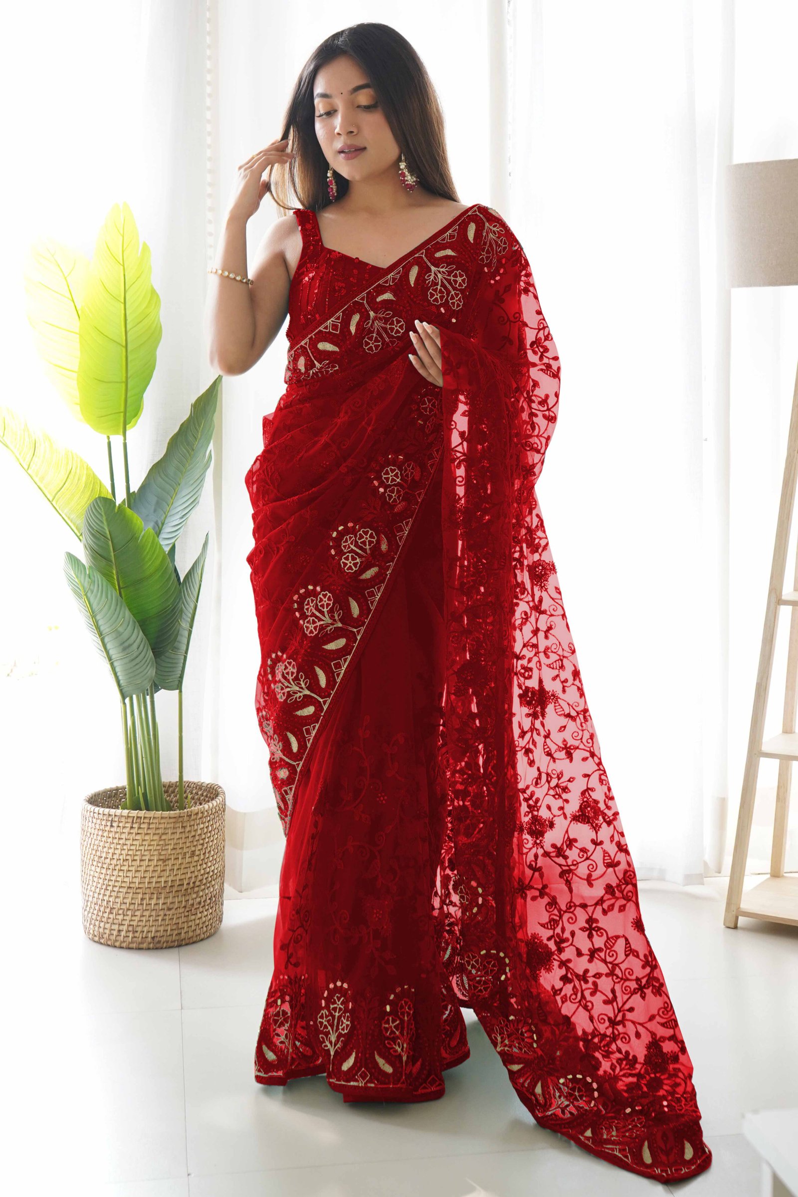 Maroon Net Saree With Floral Thread Embroidery Adorned In Stone & Mirror Accents