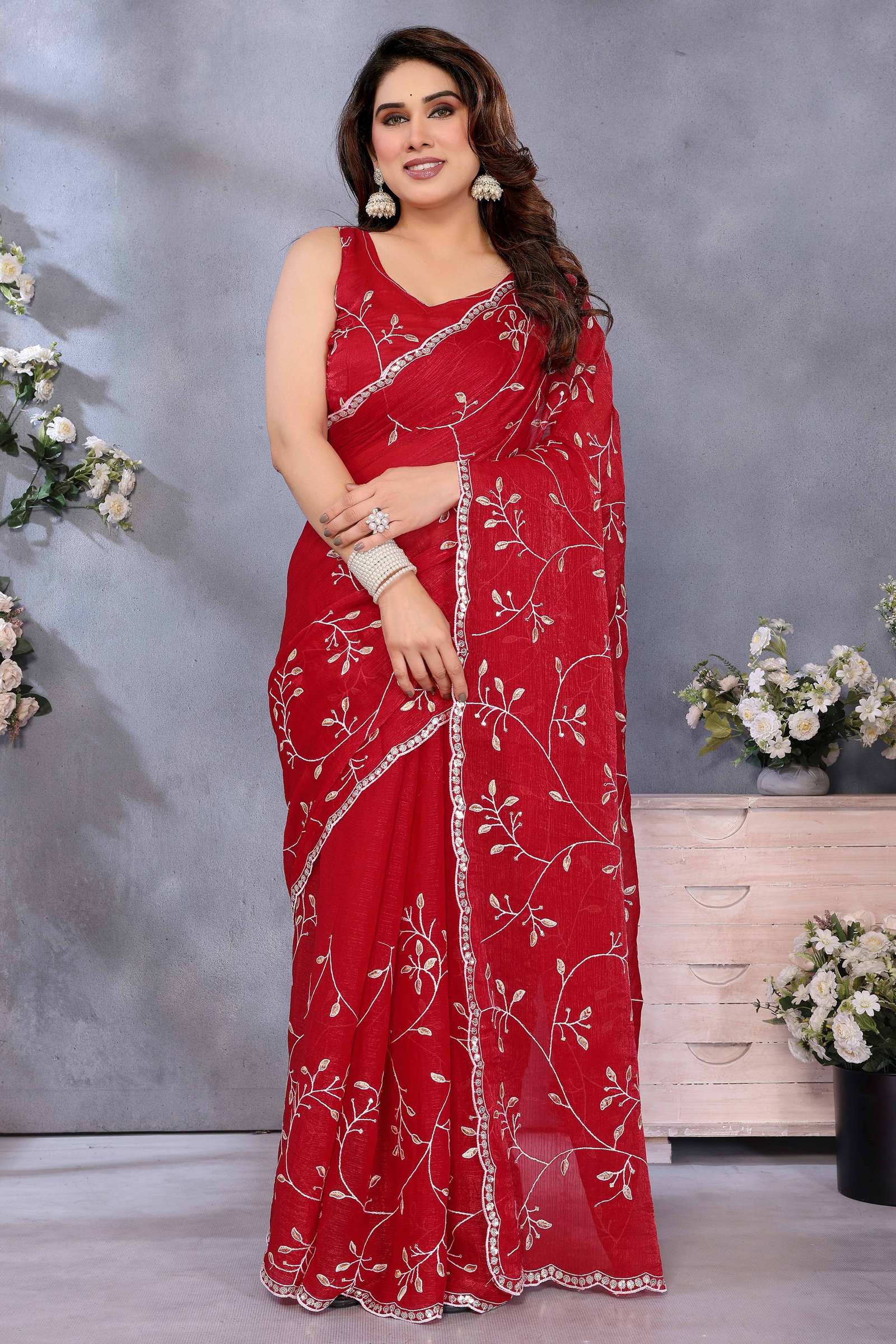 Red Jimmy Choo Chiffon Saree Adorned with Delicate Floral Sequins Embroidery