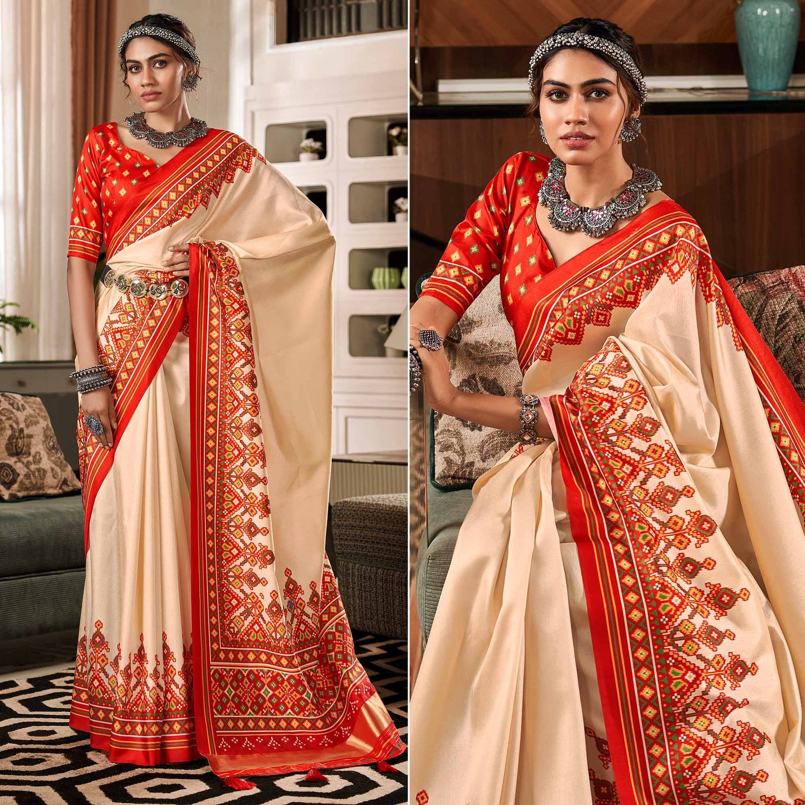 Cream & Red Patola Printed Tussar Silk Saree