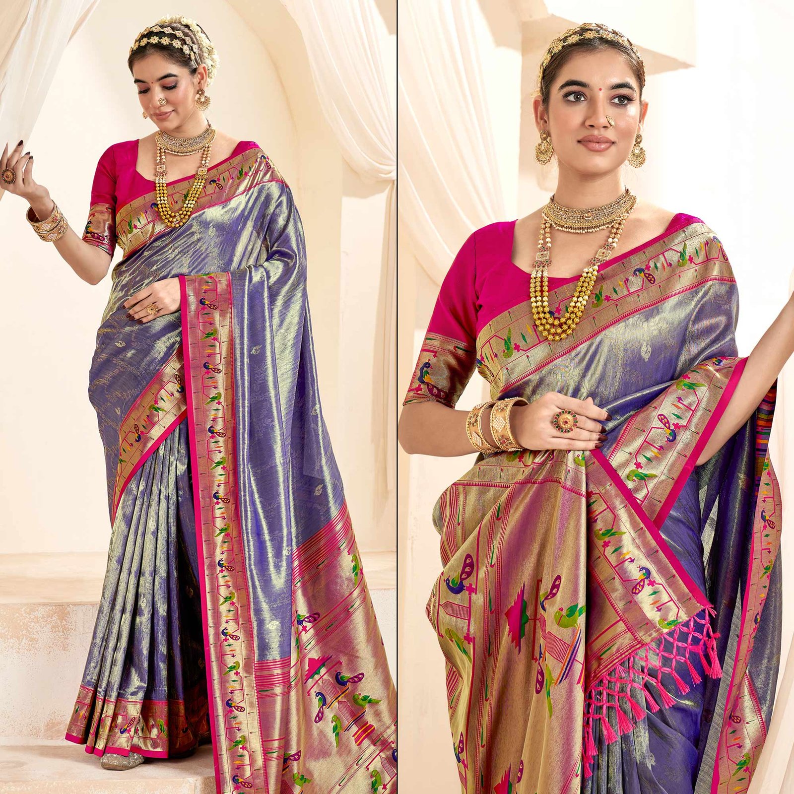 Blue Woven Tissue Paithani Saree With Tassels