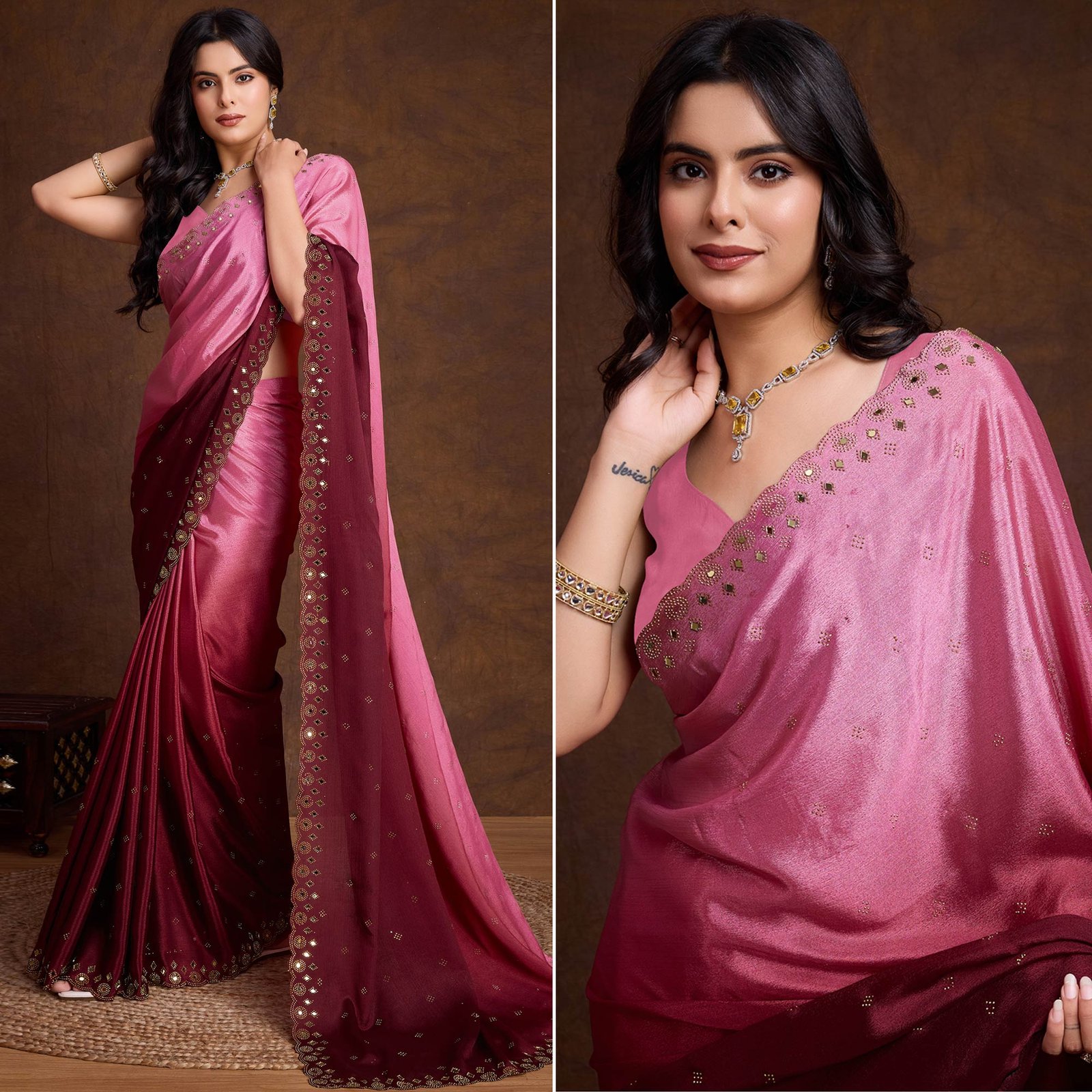 Rose Pink Ombre Chinon Saree With Mirror Border