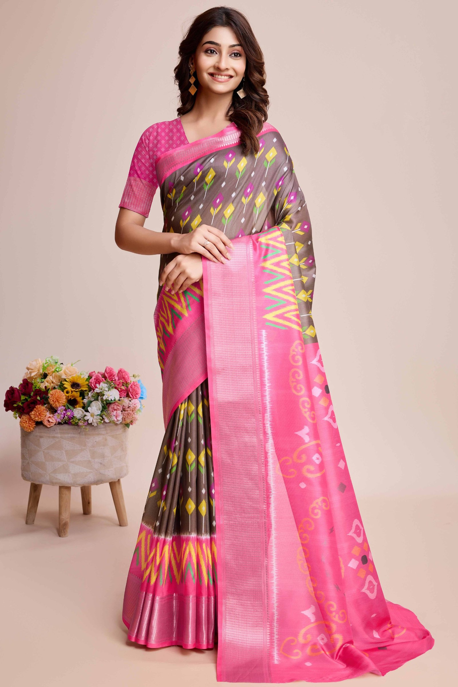 Brown Patola Printed Dola Silk Saree