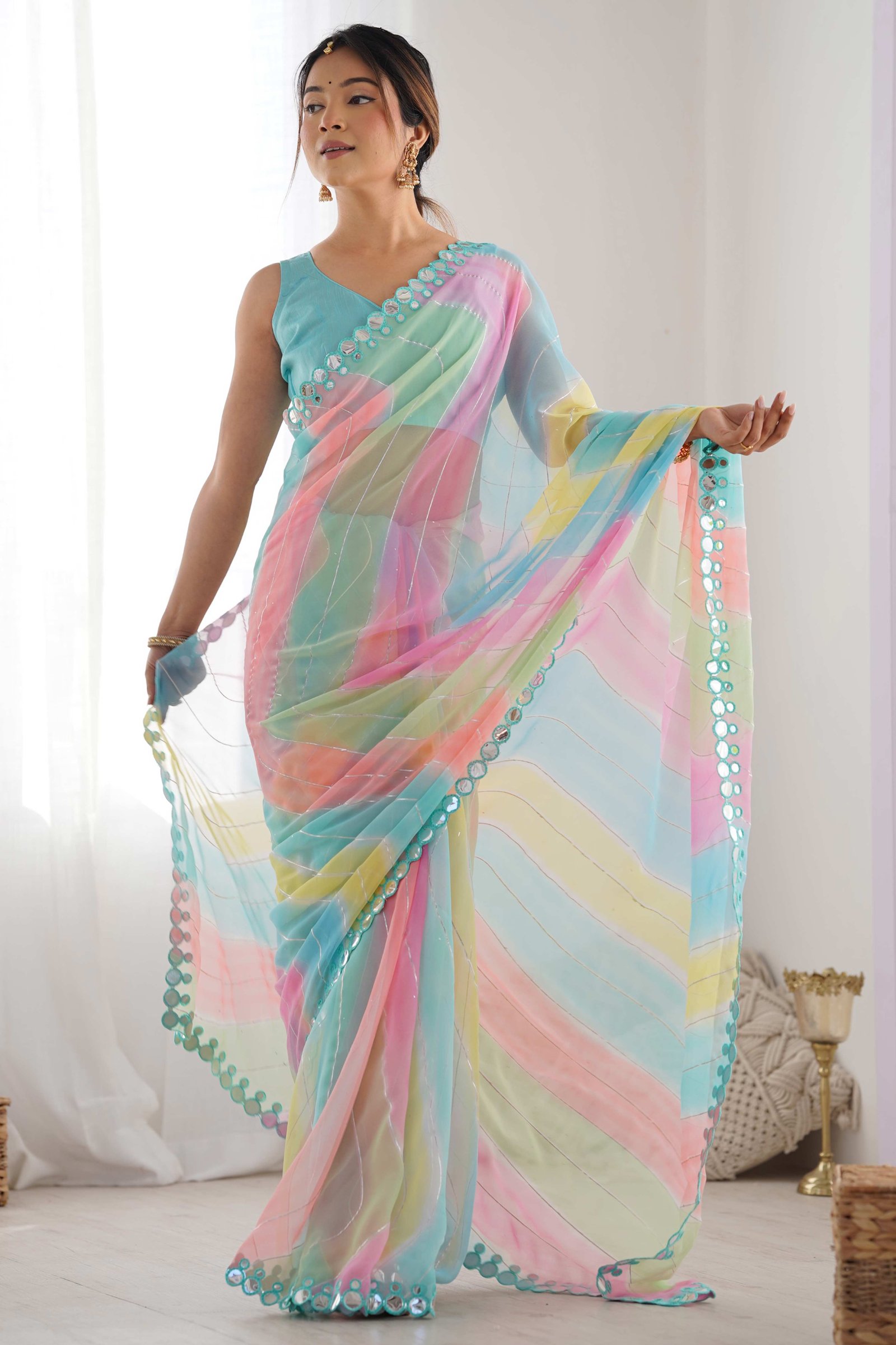 Multicolor Mirror Work Embroidered Georgette Saree