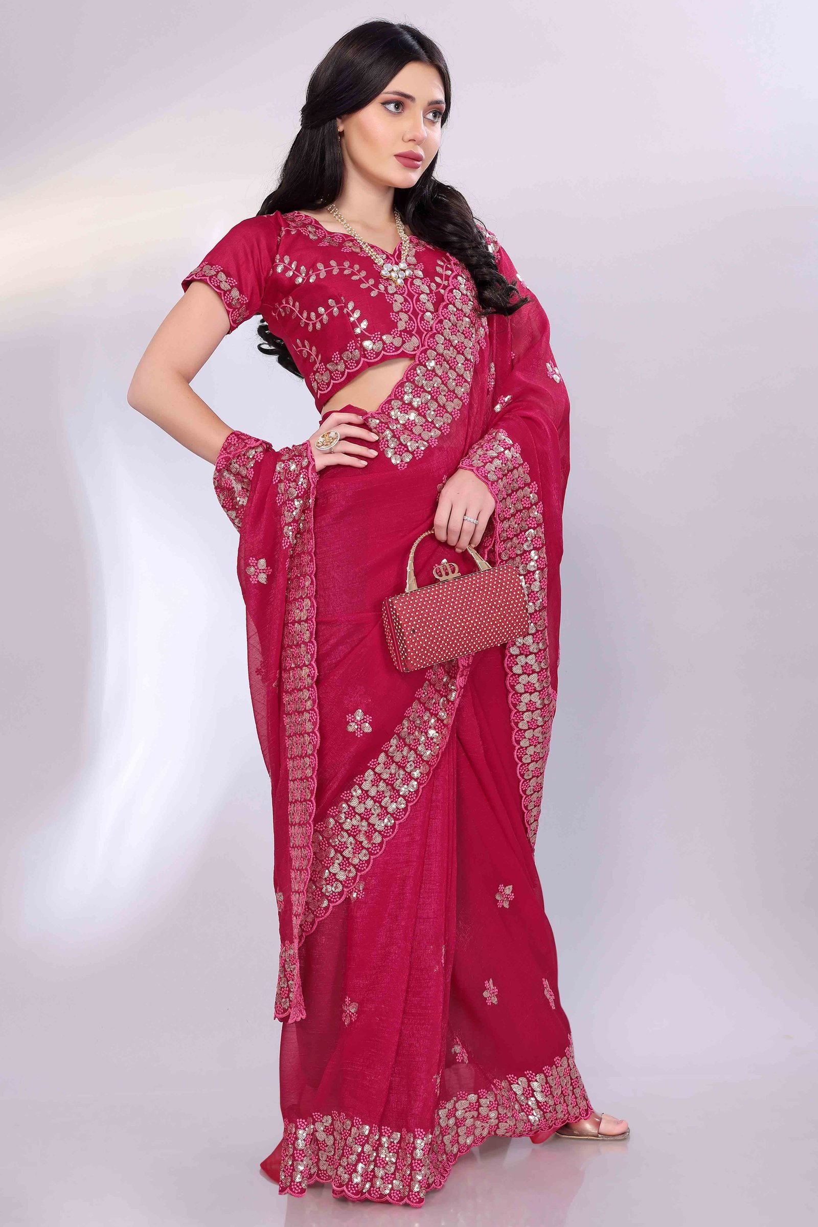 Rani Pink Crunchy Organza Silk Saree Adorned With Intricate Floral Sequins Embroidery