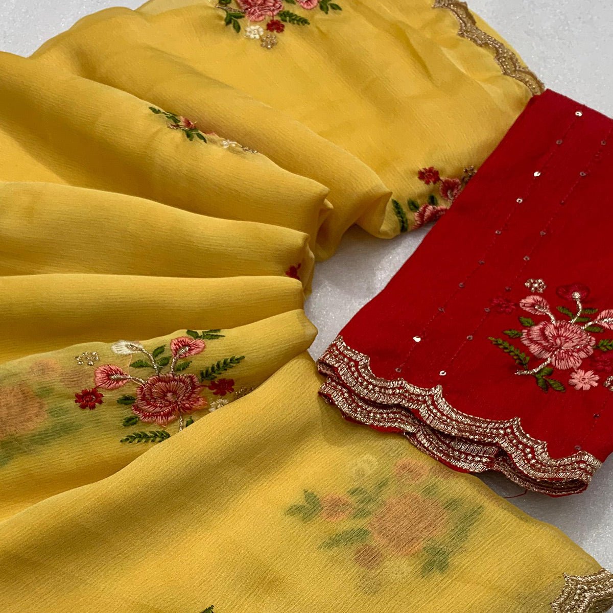 Yellow Floral Embroidered Chiffon Saree - Image 2