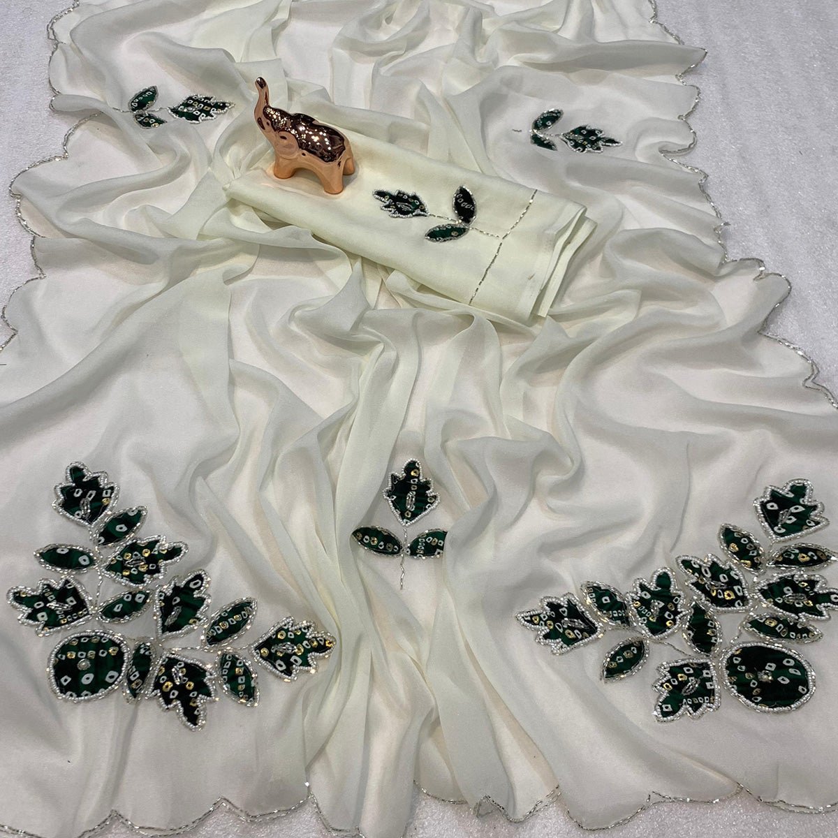 White & Green Partywear Georgette Saree with Delicate Stone & Bead Work - Image 2