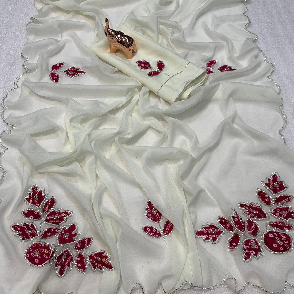 White & Pink Partywear Georgette Saree with Delicate Stone & Bead Work - Image 2