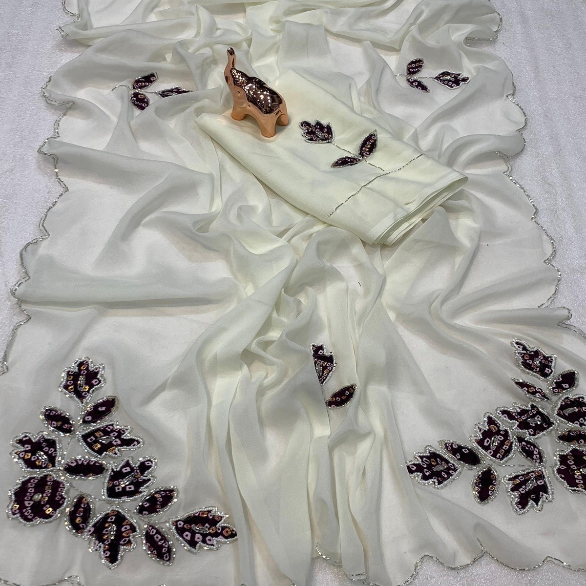 White & Wine Partywear Georgette Saree with Delicate Stone & Bead Work - Image 2