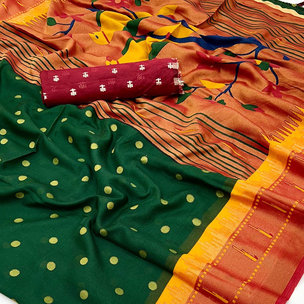 Green Woven Brasso Paithani Saree With Tassels - Image 2