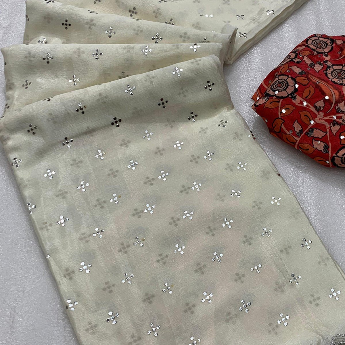 Offwhite Mukaish Work Chinon Saree - Image 2