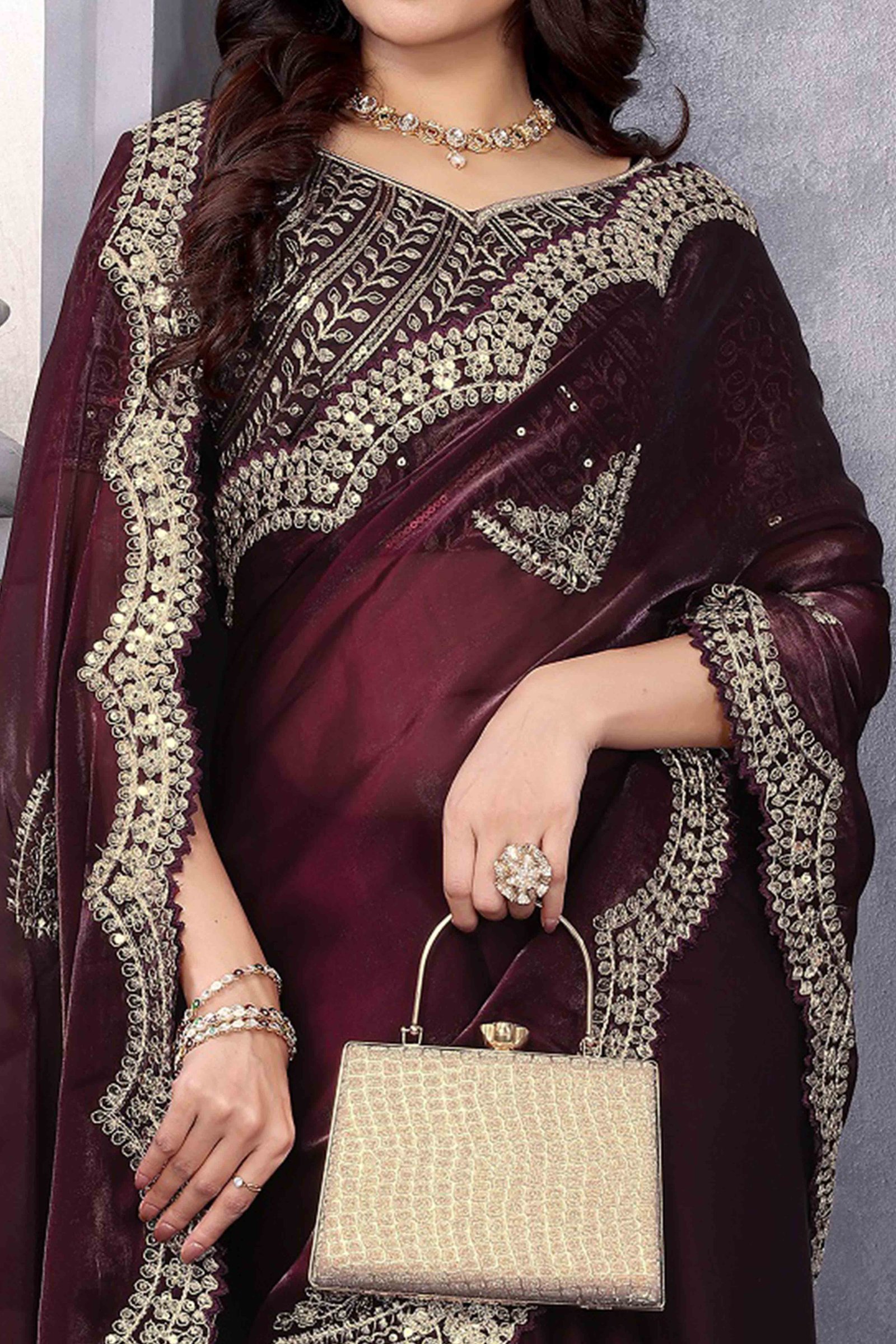 Dark Wine Floral Sequins Embroidered Shimmer Chiffon Saree - Image 2