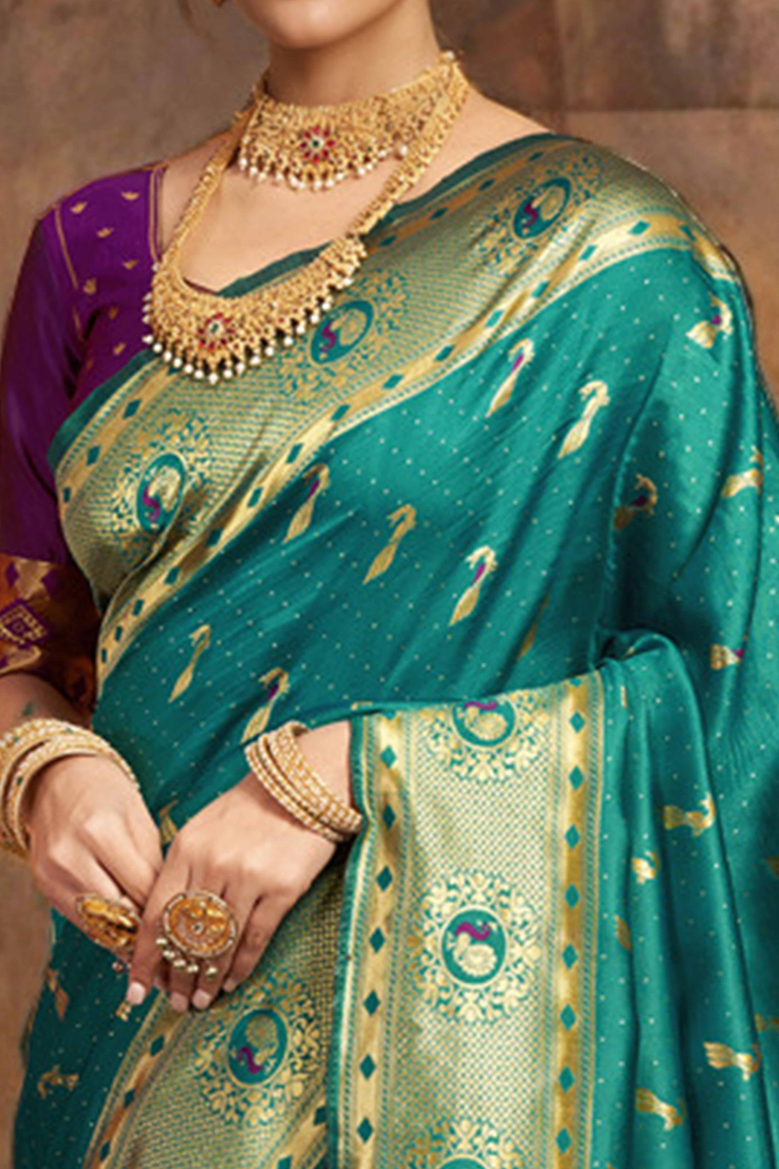 Rama Green Paithani Silk Blend Saree Featuring Intricate Zari Peacock & Floral Weaving - Image 2