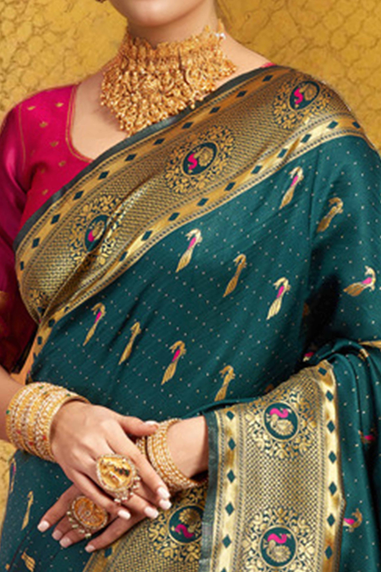 Teal Paithani Silk Blend Saree Featuring Intricate Zari Peacock & Floral Weaving - Image 2