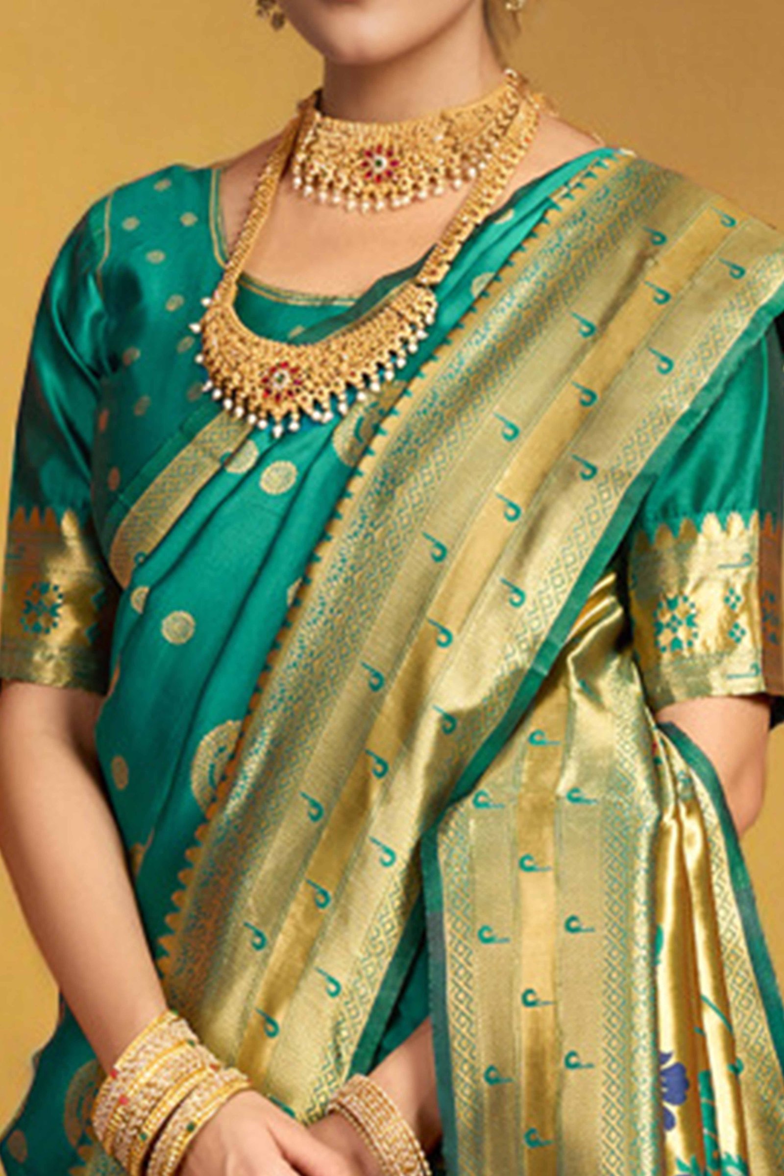 Rama Green Paithani Silk Blend Saree Embellished With Zari Peacock & Floral Woven Patterns - Image 2