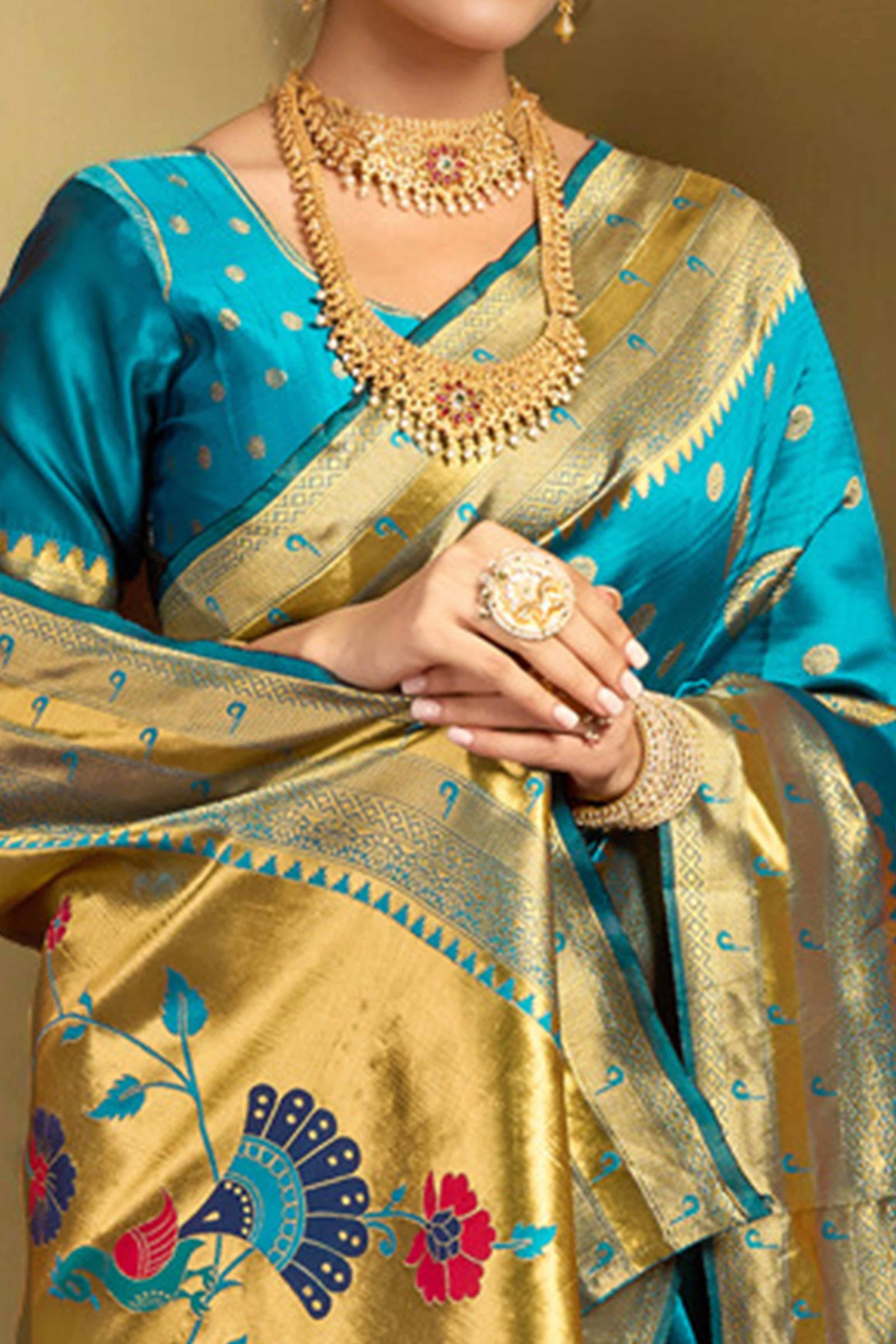 Blue Paithani Silk Blend Saree Embellished With Zari Peacock & Floral Woven Patterns - Image 2