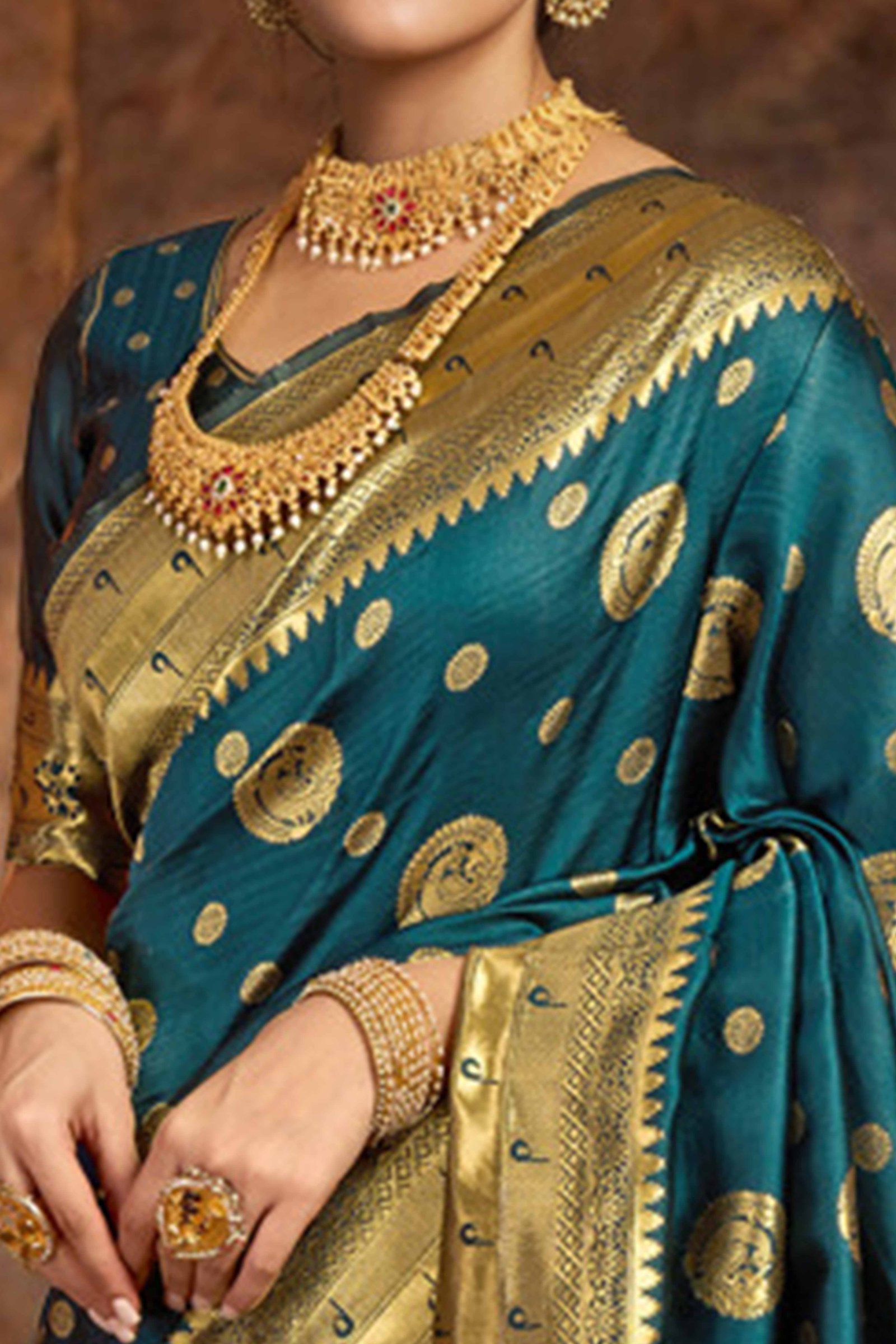 Teal Paithani Silk Blend Saree Embellished With Zari Peacock & Floral Woven Patterns - Image 2