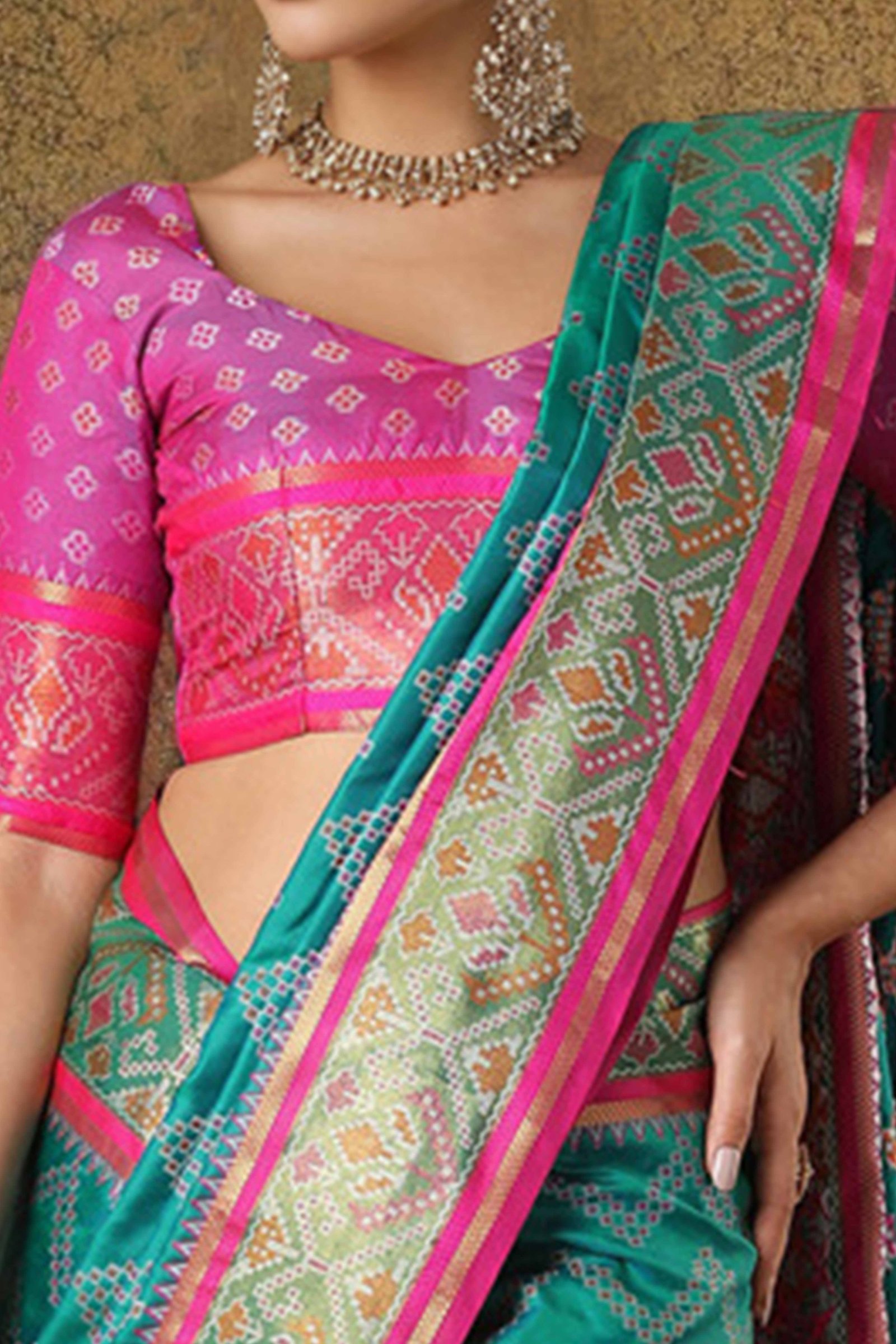 Rama Blue Silk Blend Saree With Traditional Zig Zag Patola Weaving & Tassel Pallu - Image 2