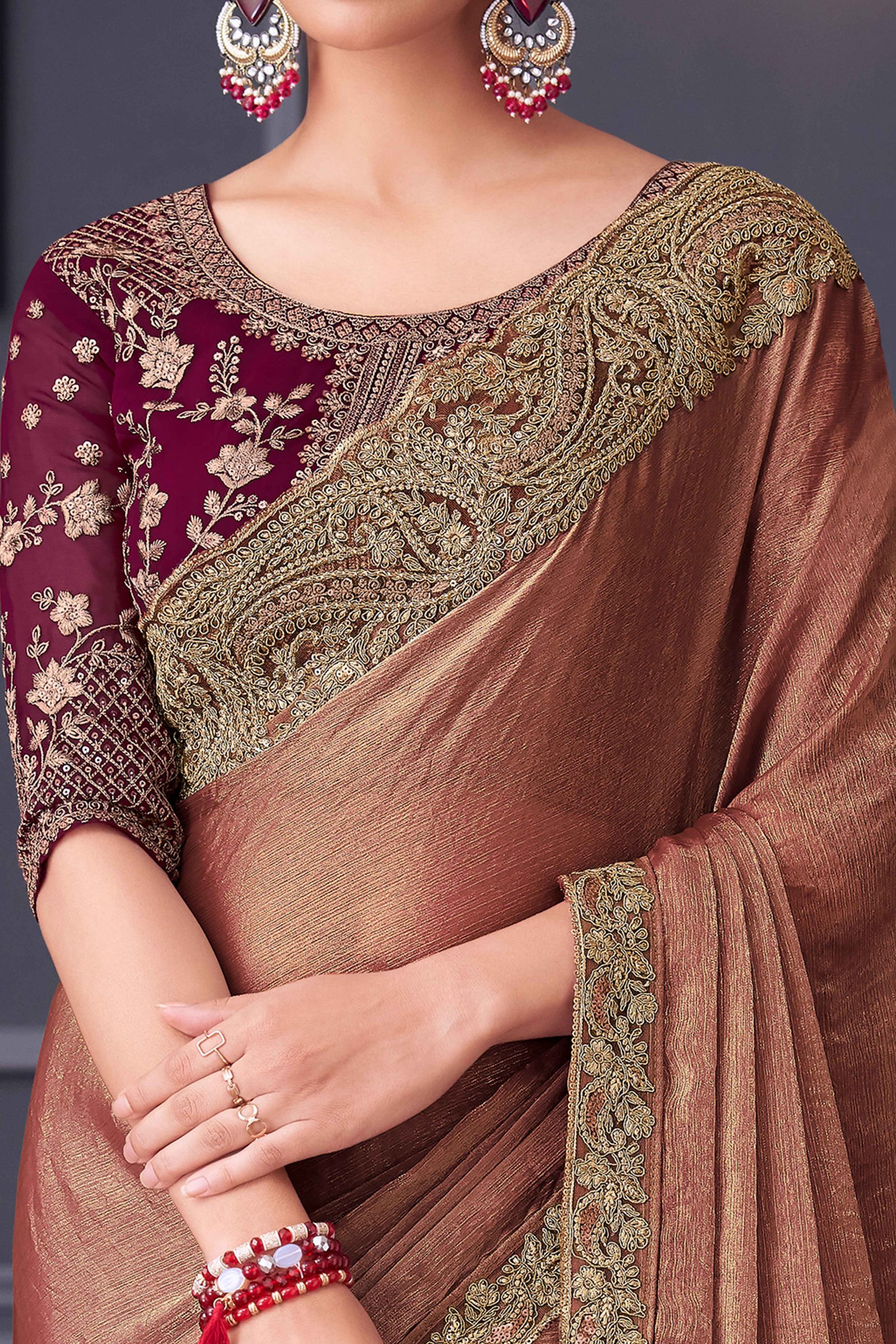 Rust Partywear Chiffon Saree with Ornate Border Detailing - Image 2