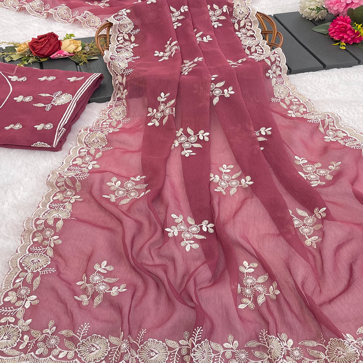 Pink Shimmer Silk Saree with Graceful Floral Embroidery - Image 2