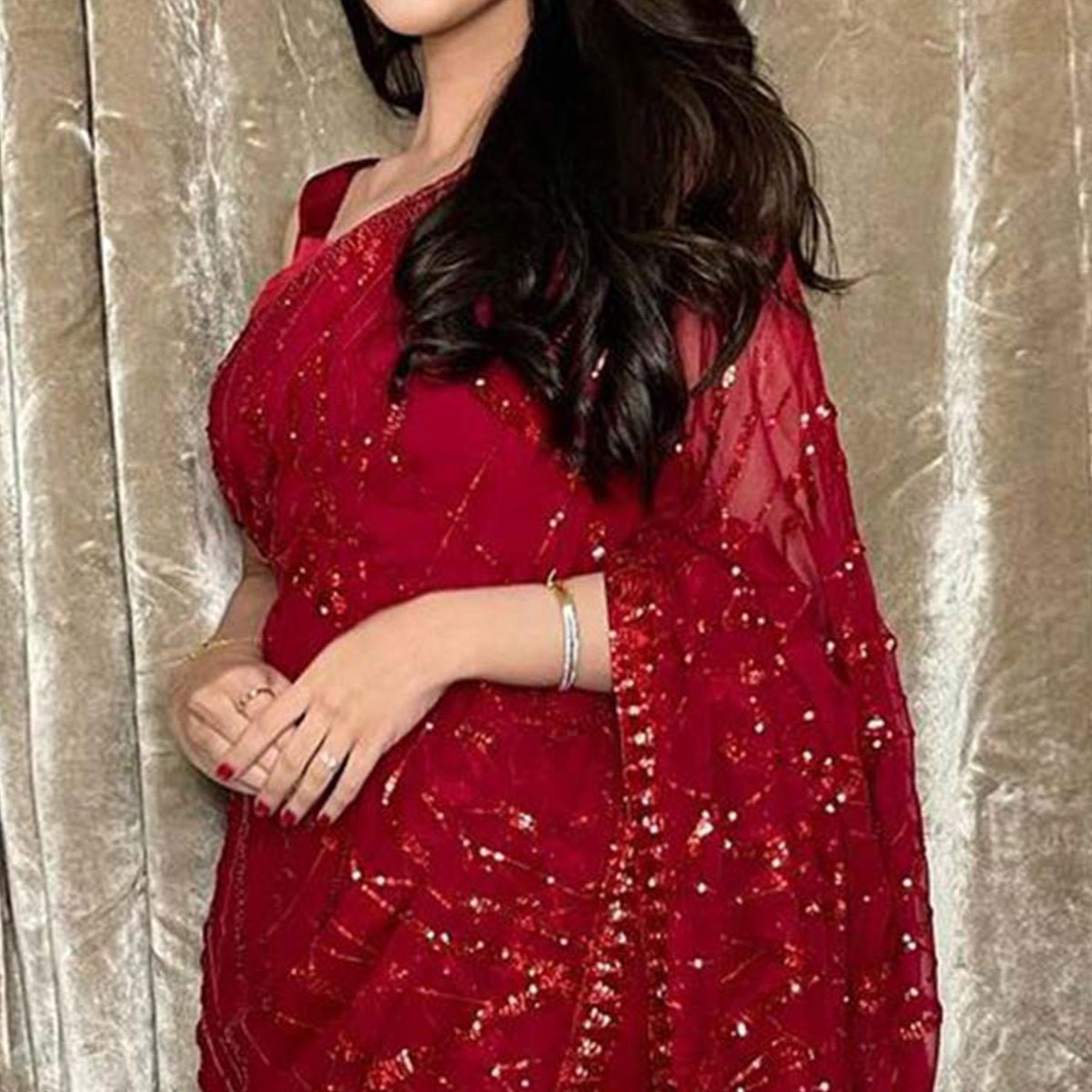 Red Sequins Embroidered Georgette Saree - Image 2