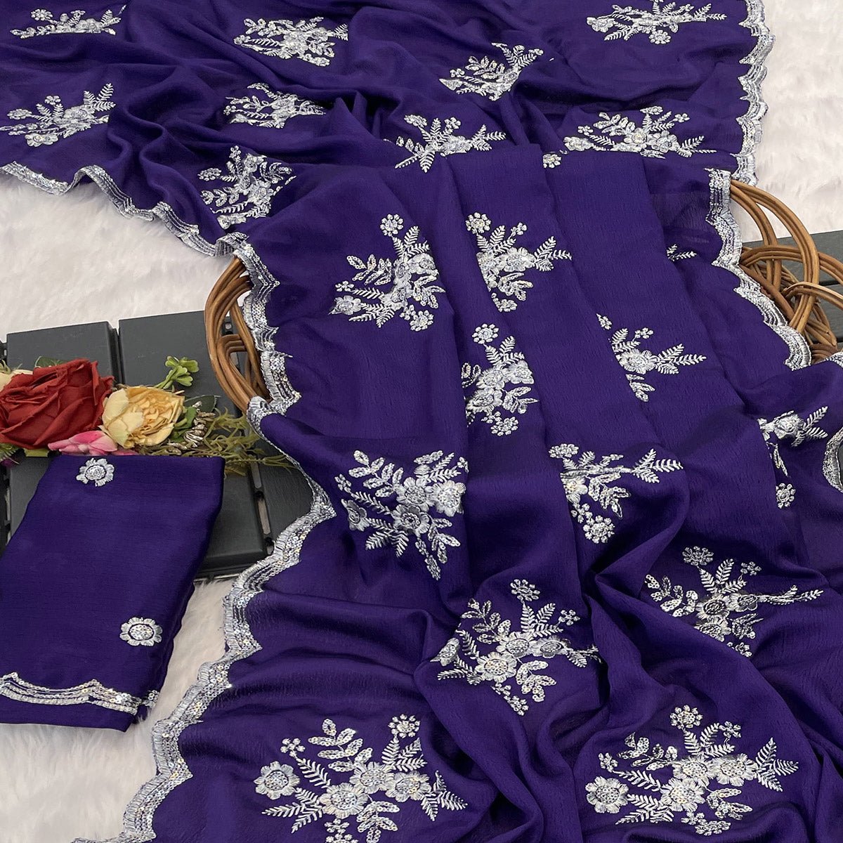 Royal Purple Chinon Saree Adorned With Zari Floral Embroidery & Gleaming Sequins Work - Image 2