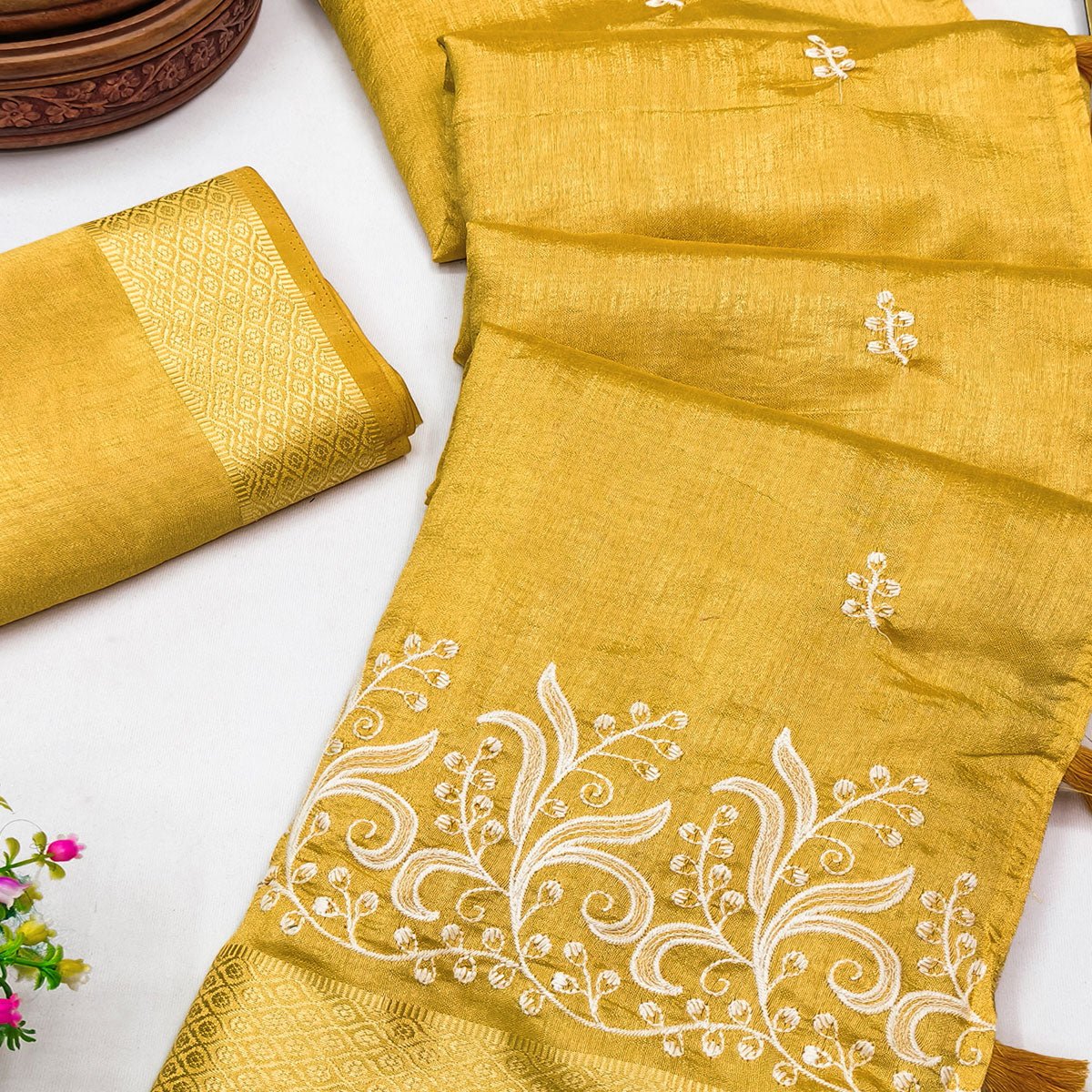 Mustard Art Silk Saree Adorned With Delicate Floral Embroidery & Stylish Tassel Pallu - Image 2