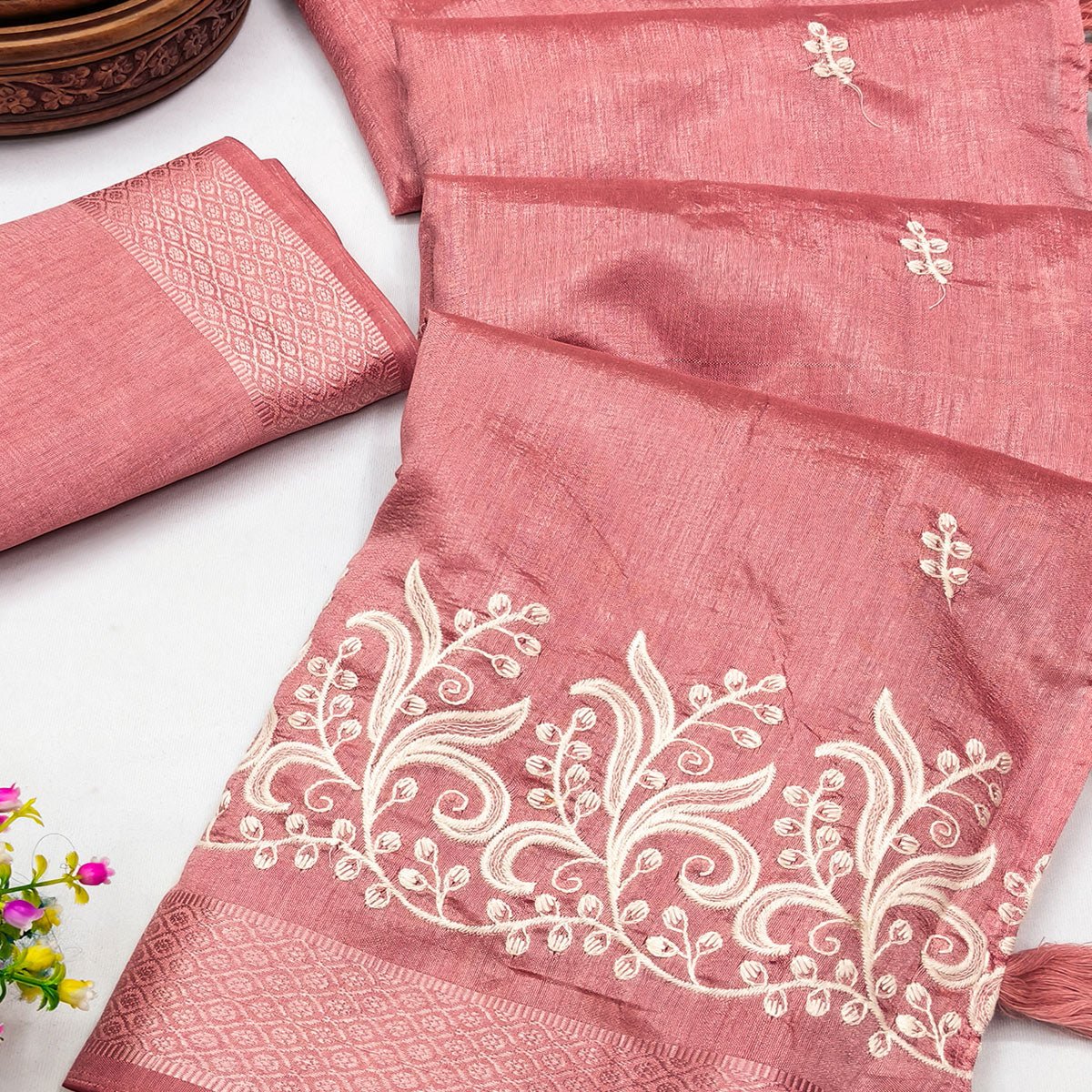 Peach Art Silk Saree Adorned With Delicate Floral Embroidery & Stylish Tassel Pallu - Image 2