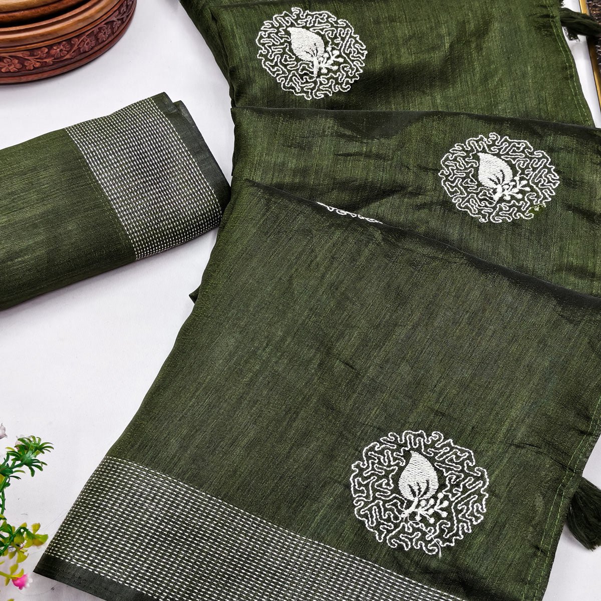 Mehendi Green Embroidered Art Silk Saree Adorned with Classic Zari Weaving Details - Image 2
