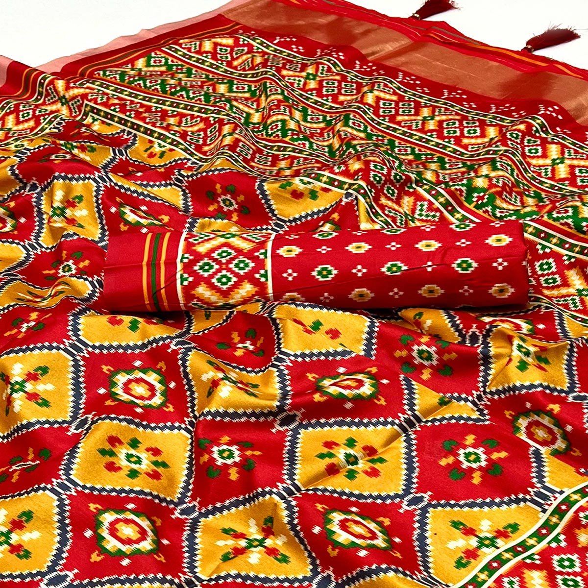 Red & Yellow Patola Printed Tussar Silk Saree With Tassels - Image 2