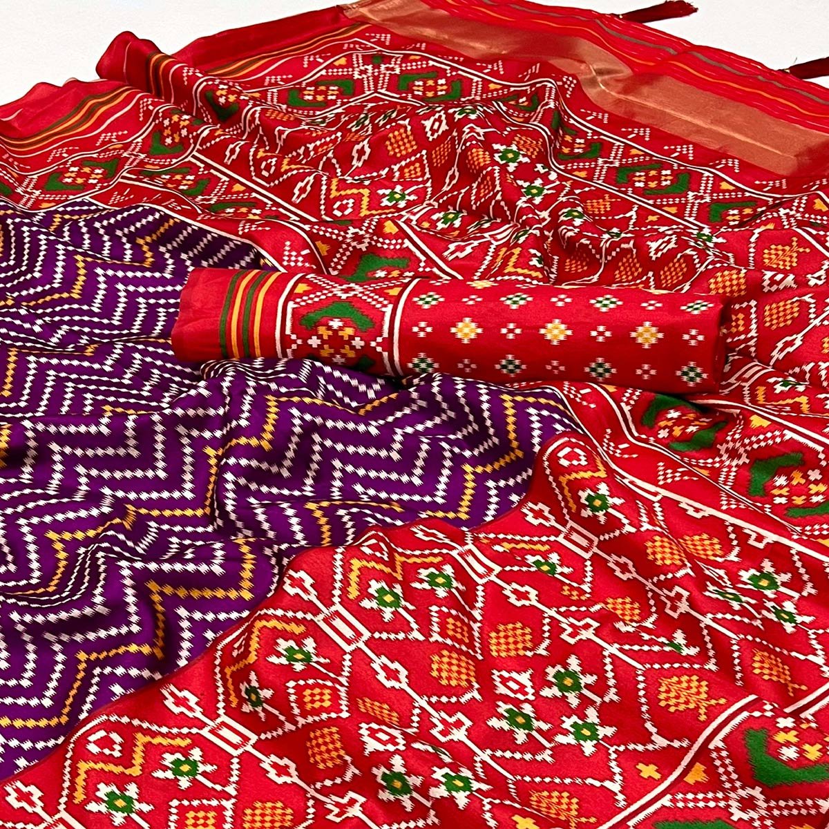 Purple & Red Patola Printed Tussar Silk Saree With Tassels - Image 2