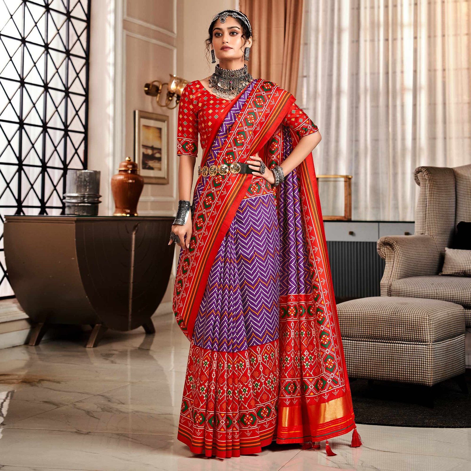 Purple & Red Patola Printed Tussar Silk Saree - Image 2