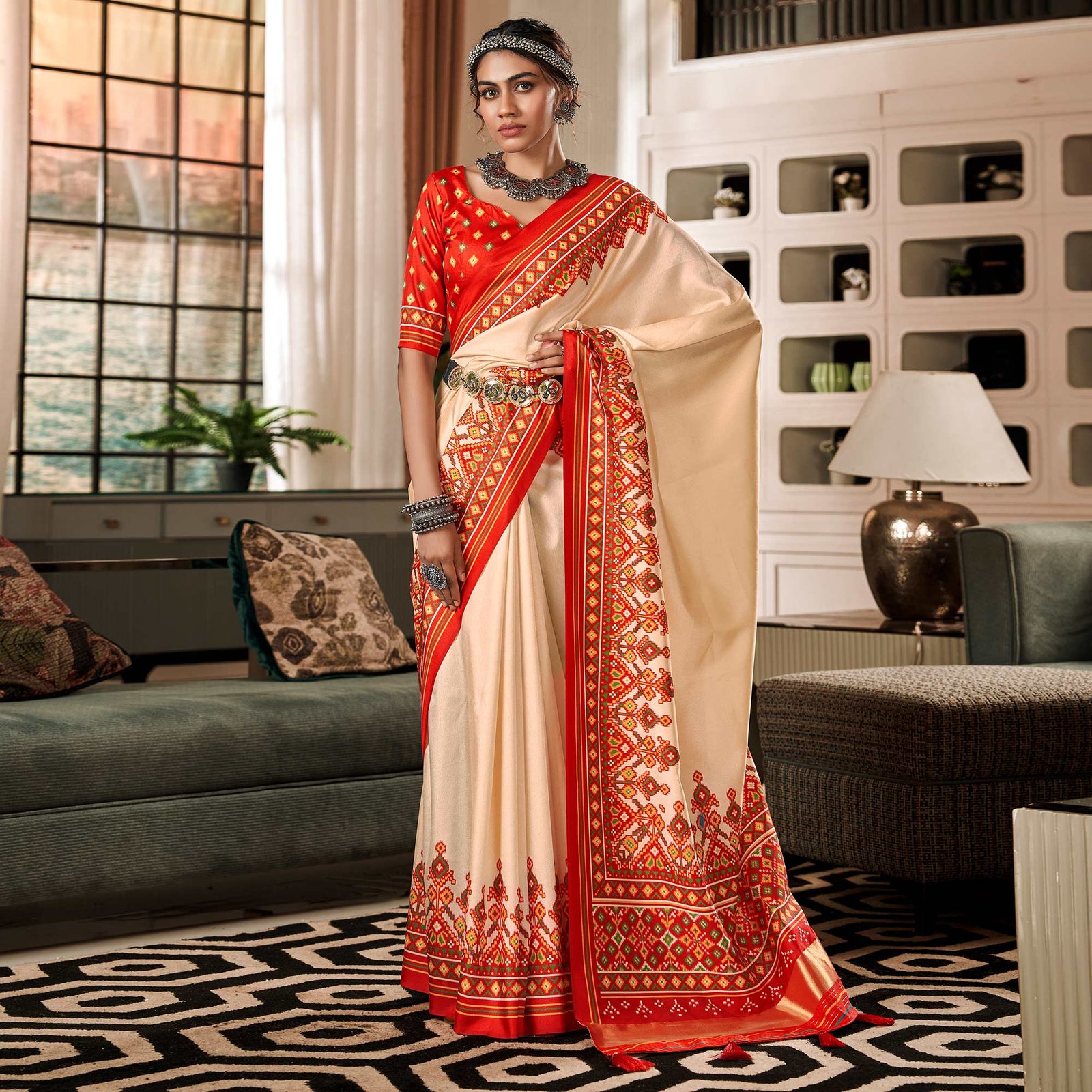 Cream & Red Patola Printed Tussar Silk Saree - Image 2