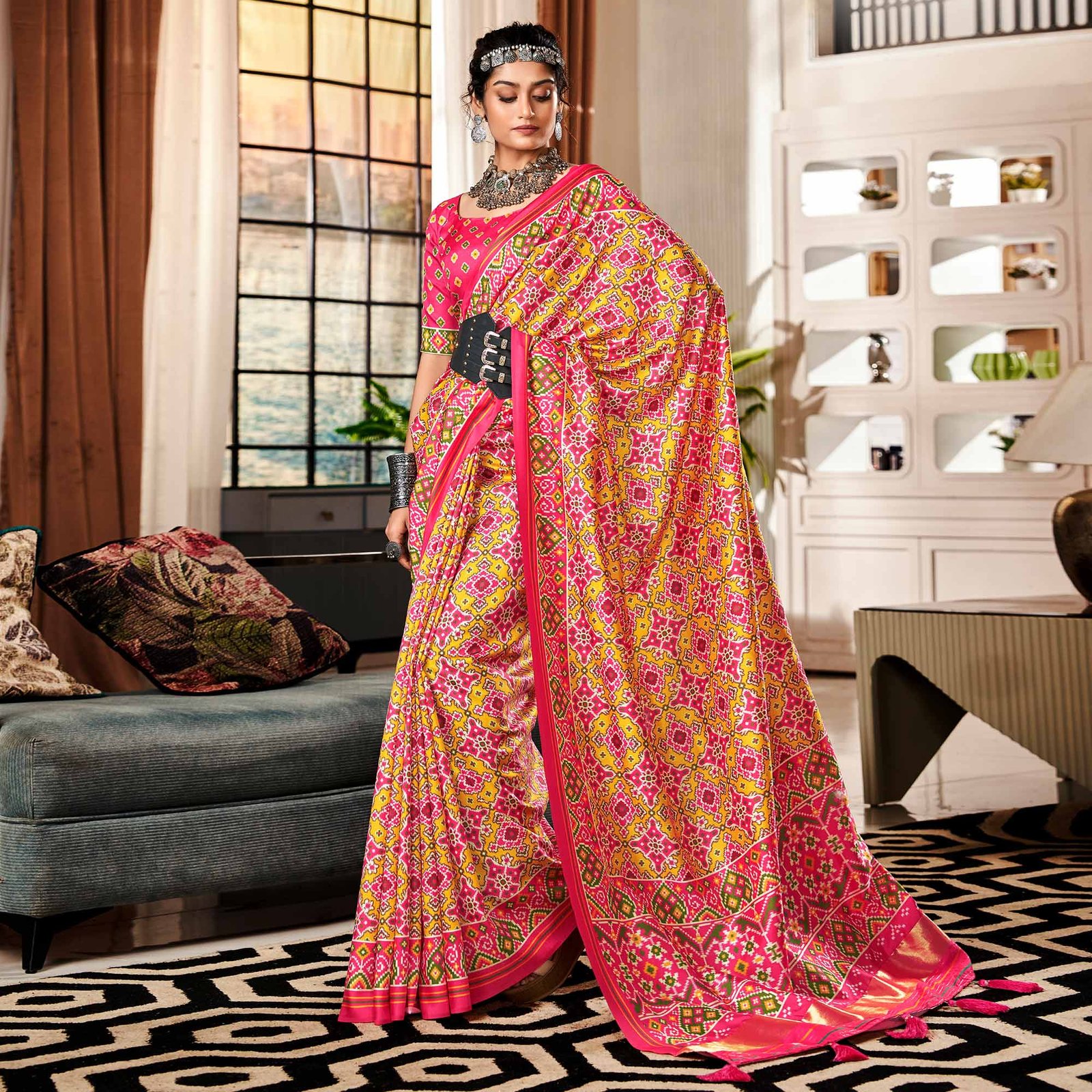 Yellow & Pink Patola Printed Tussar Silk Saree - Image 2