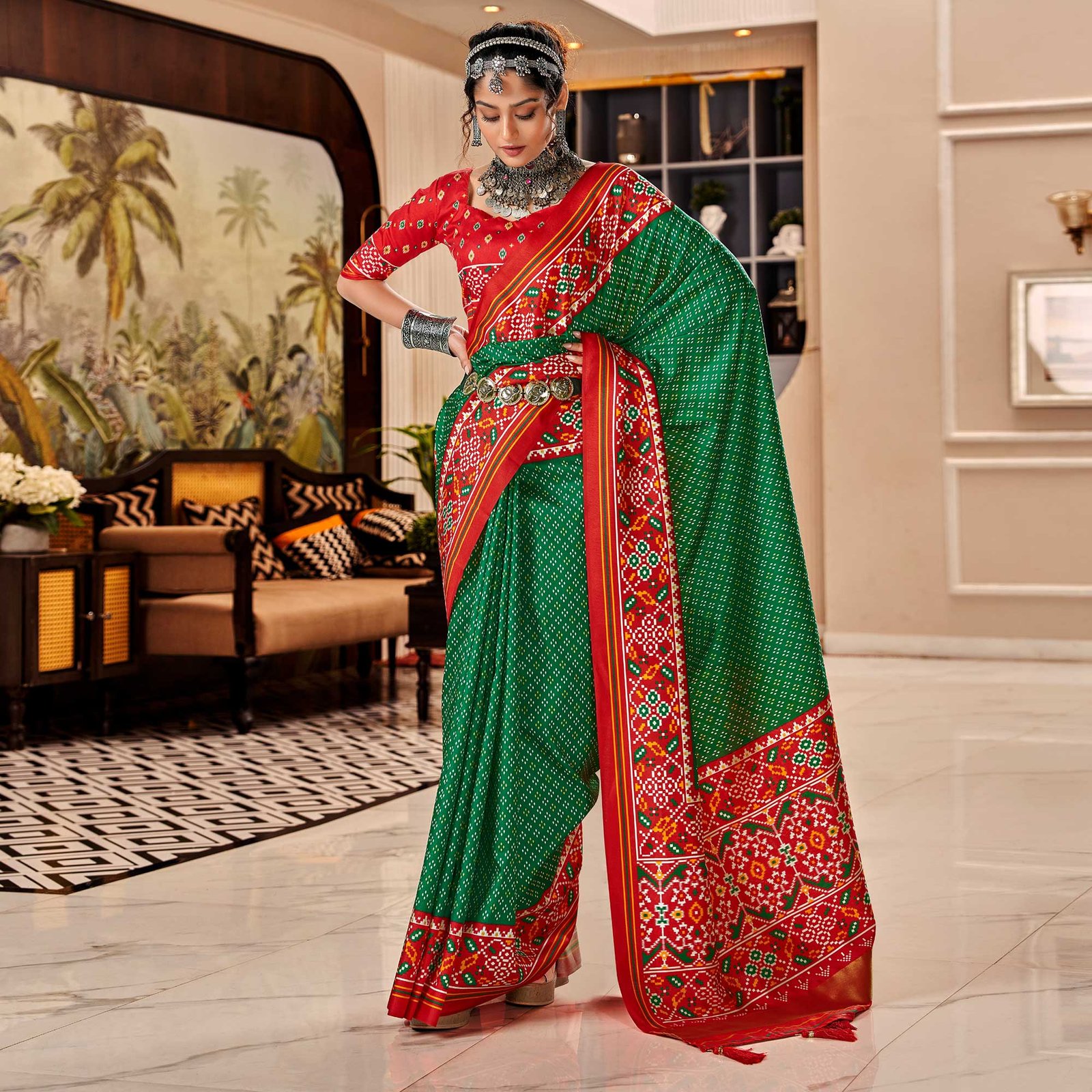 Green & Red Patola Printed Tussar Silk Saree - Image 2