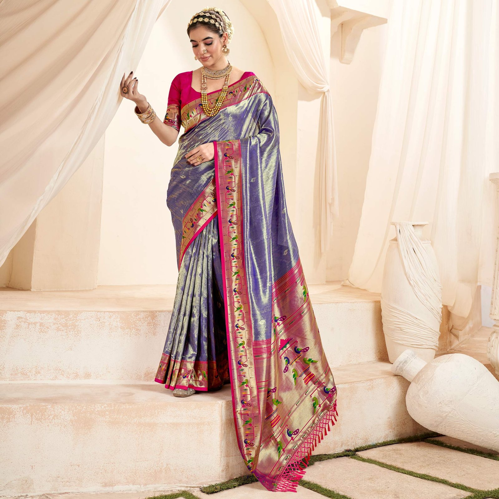 Blue Woven Tissue Paithani Saree With Tassels - Image 2