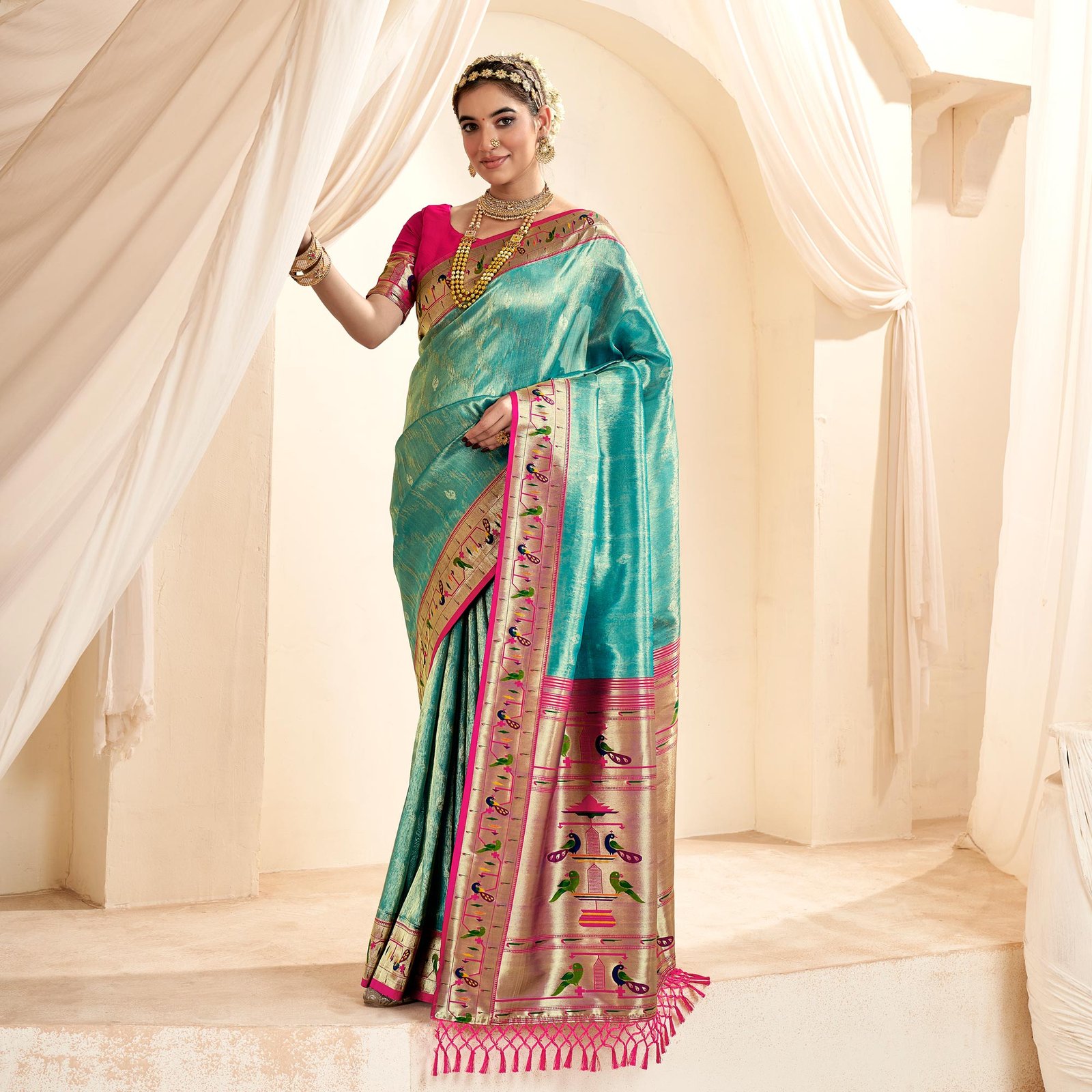 Turquoise Woven Tissue Paithani Saree With Tassels - Image 2