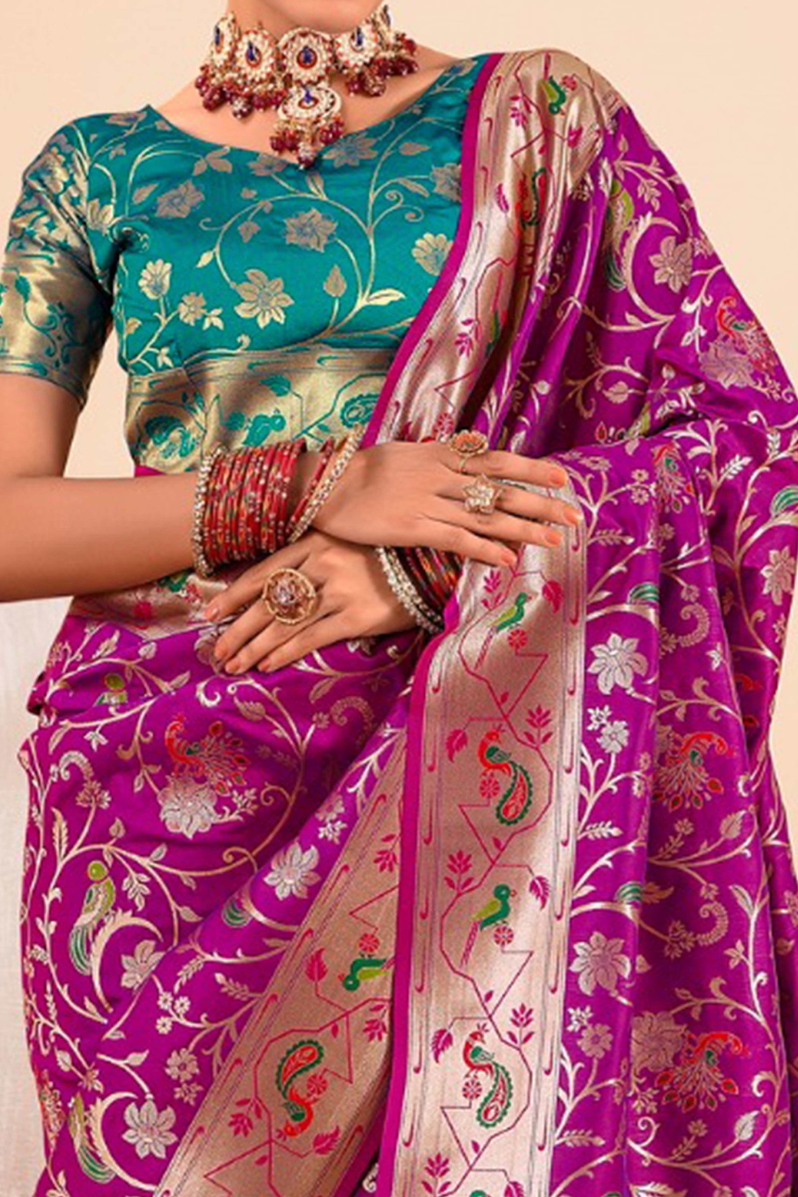 Purple Floral Zari Weaving Pure Silk Paithani Saree - Image 2