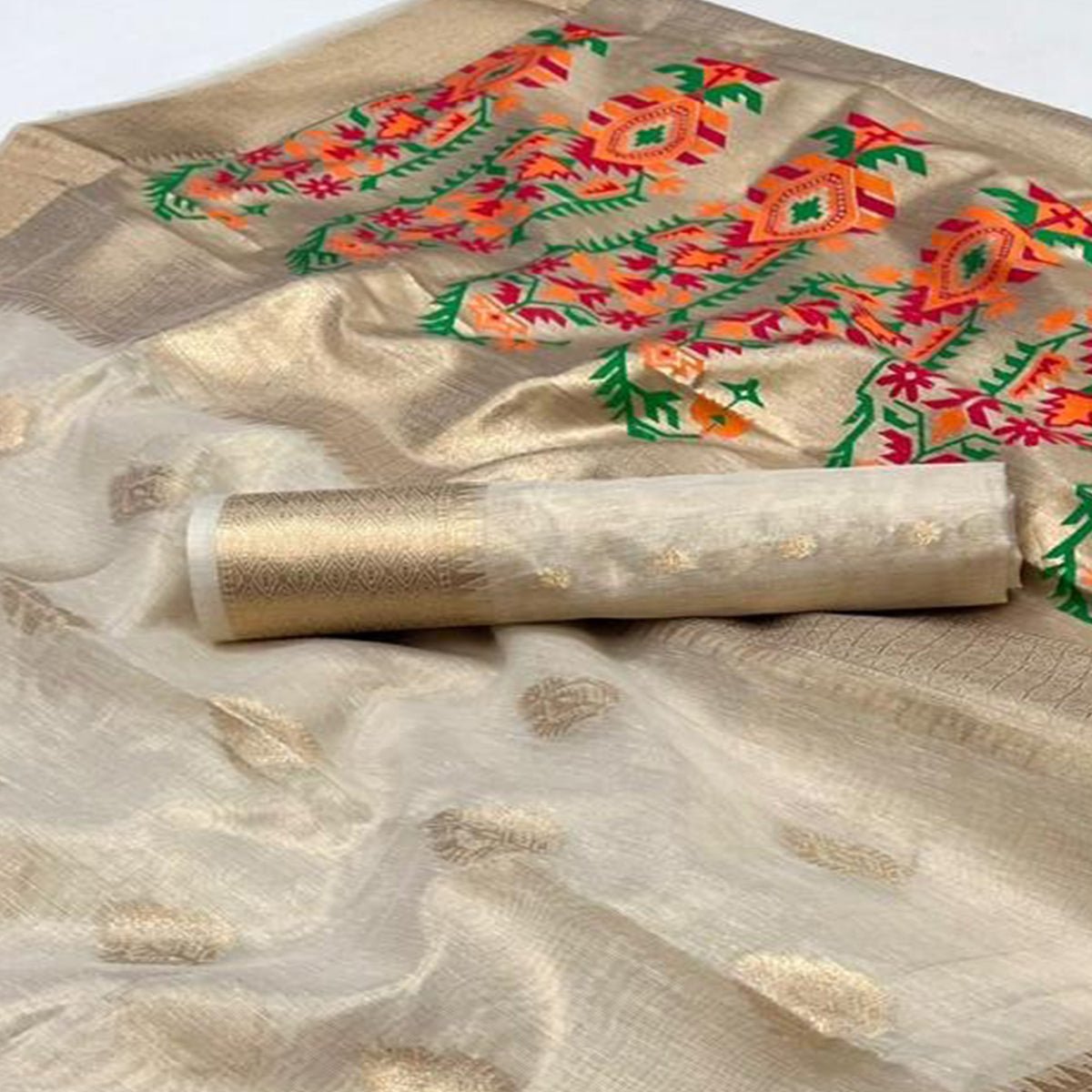 Off White Woven Tissue Paithani Saree - Image 2